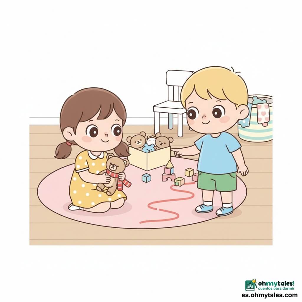 Hay dos personajes: una niña de unos 4 años con coletas castañas, ojos redondos y brillantes, vestido amarillo con lunares blancos, agachada a la izquierda sosteniendo un osito de peluche beige y colocándole una minúscula bufanda roja; y un niño de unos 4 años con pelo rubio corto, camiseta celeste y pantalón corto verde, de pie a la derecha señalando con un dedo una pequeña pista roja en el suelo y sonriendo. Lugar: sala de juegos interior luminosa con suelo de madera clara, alfombra redonda rosa pastel, caja de juguetes abierta con peluches y bloques, una silla de madera blanca y una cesta de ropa a rayas. Situación: ambos siguen una traza roja que va de la alfombra a la cesta; ambiente alegre y curioso, colores suaves, contornos redondeados, estilo kawaii minimalista y fondo limpio.