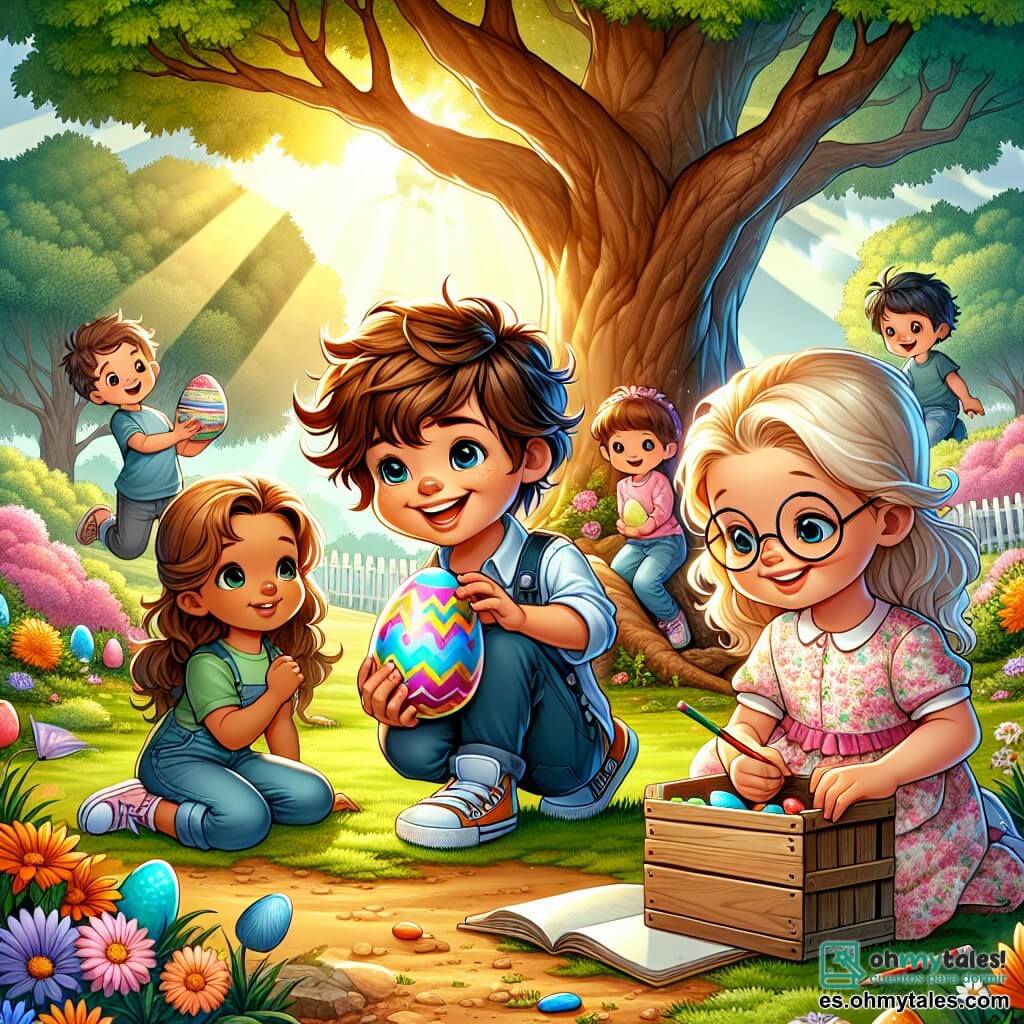 En el centro de la imagen, Lucas, un niño de 8 años con cabello castaño desordenado y una gran sonrisa, está agachado sosteniendo un huevo de Pascua colorido en sus manos. A su derecha, Sofía, una niña de 7 años con cabello rubio trenzado y un vestido rosa con flores, mira maravillada el brillante huevo. A la izquierda, Ana, una niña de 8 años con cabello castaño y gafas redondas, sostiene un cuaderno y un lápiz, lista para anotar sus descubrimientos. Al fondo, Tomás, un niño de 9 años con cabello negro y una camiseta azul, los observa con una sonrisa cómplice. El escenario se desarrolla en un parque soleado, lleno de flores coloridas y árboles verdes. Un gran roble majestuoso se alza en el centro, bajo el cual hay un viejo cofre de madera, medio enterrado en la hierba. Los niños juegan alrededor, riendo y corriendo, mientras confetis de colores flotan en el aire, añadiendo un toque festivo a la escena. La situación principal muestra a Lucas y sus amigos descubriendo el hermoso huevo de Pascua mágico, rodeados de alegría y emoción, mientras se preparan para hacer un deseo juntos, creando una atmósfera de felicidad y amistad.