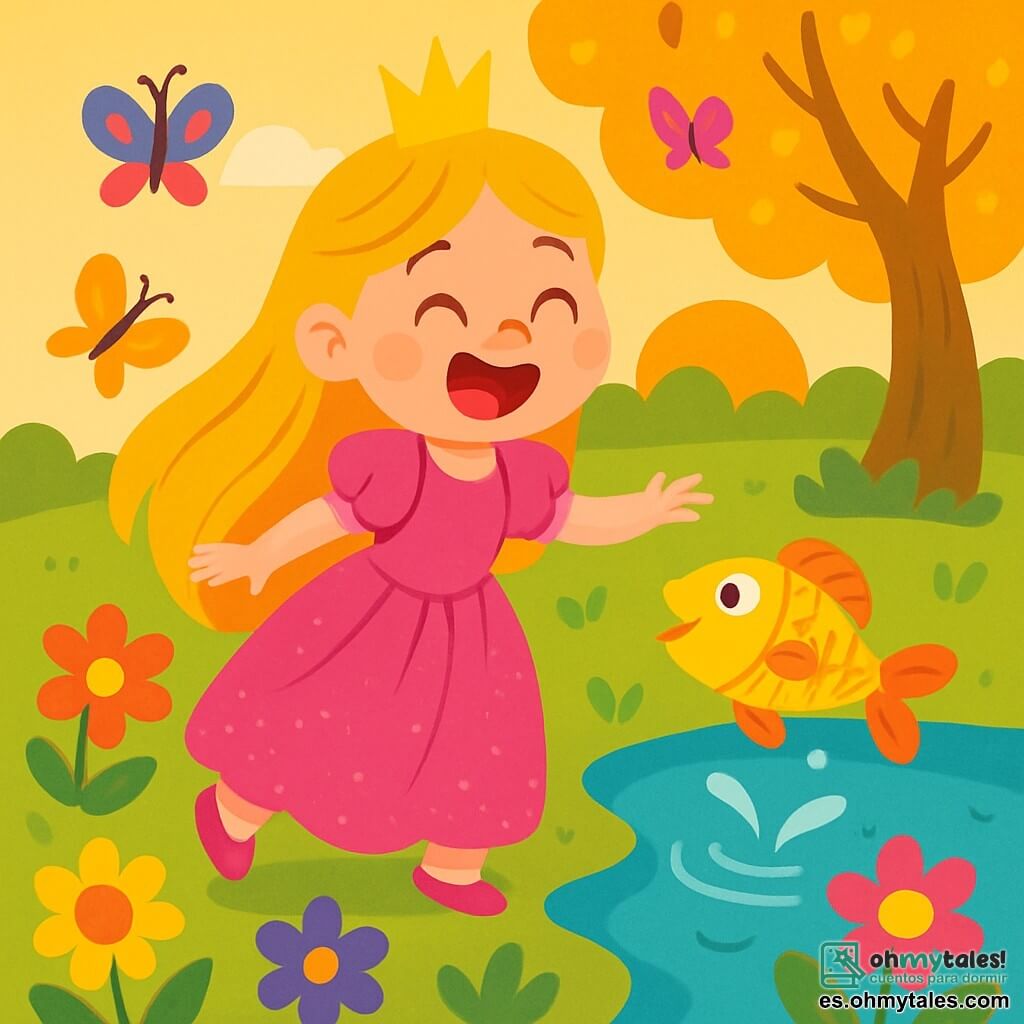 Una princesa alegre, de unos 8 años, con largos cabellos rubios y un vestido rosa brillante, se encuentra al borde de un pequeño charco, riendo con asombro. Sus ojos brillan de curiosidad y emoción. A su lado, un pequeño pez colorido, con escamas doradas y plateadas, salta fuera del agua, como si estuviera jugando al escondite. El jardín mágico está lleno de flores brillantes, de colores vivos, que parecen cantar. Mariposas de alas multicolores bailan en el aire, creando una atmósfera encantada. Al fondo, un gran árbol con ramas doradas brilla bajo el sol poniente, añadiendo un toque de magia a la escena. La princesa, maravillada, se prepara para tocar el pez, pero se resbala ligeramente, lo que la hace reír aún más. La escena irradia una atmósfera alegre y llena de vida, perfecta para capturar el espíritu de un cuento de hadas.