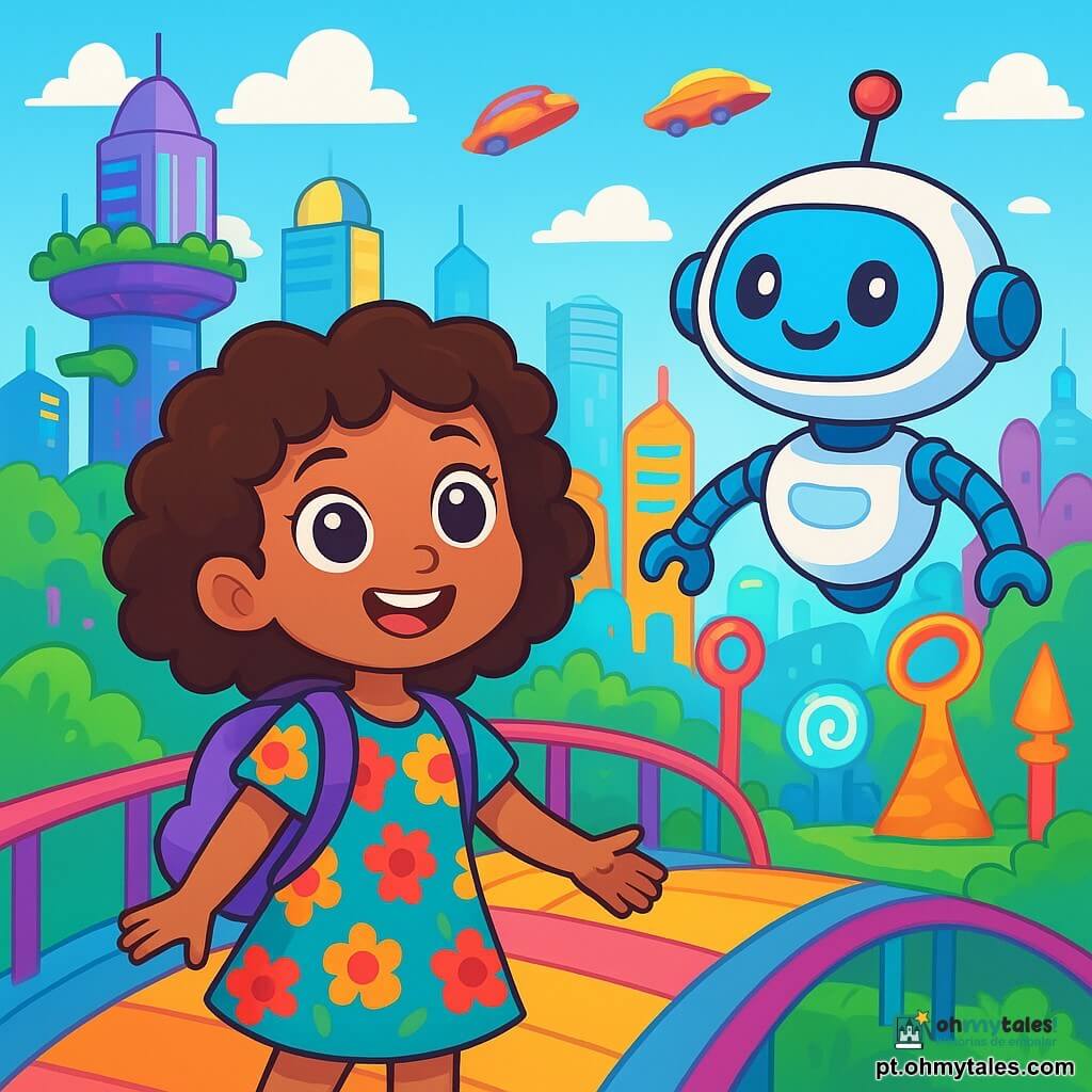 Uma menina de 6 anos, Lila, com grandes olhos brilhantes e cabelos cacheados, usa um vestido colorido com estampas de flores e uma mochila em forma de nuvem. Ela exibe um sorriso radiante, cheia de excitação, enquanto está na borda de uma passarela colorida. Ao lado dela, um robô amigável, Bolota, com um rosto sorridente e braços articulados, flutua levemente acima do chão, pronto para acompanhá-la em sua aventura. Ao fundo, a cidade futurista está repleta de edifícios cintilantes, jardins suspensos de cores vibrantes e carros voadores que deslizam no céu azul. Lila observa maravilhada o parque das invenções, onde estruturas estranhas e esculturas luminosas chamam sua atenção. A cena principal mostra Lila pronta para se lançar na passarela, ansiosa para descobrir as maravilhas de sua cidade futurista.
