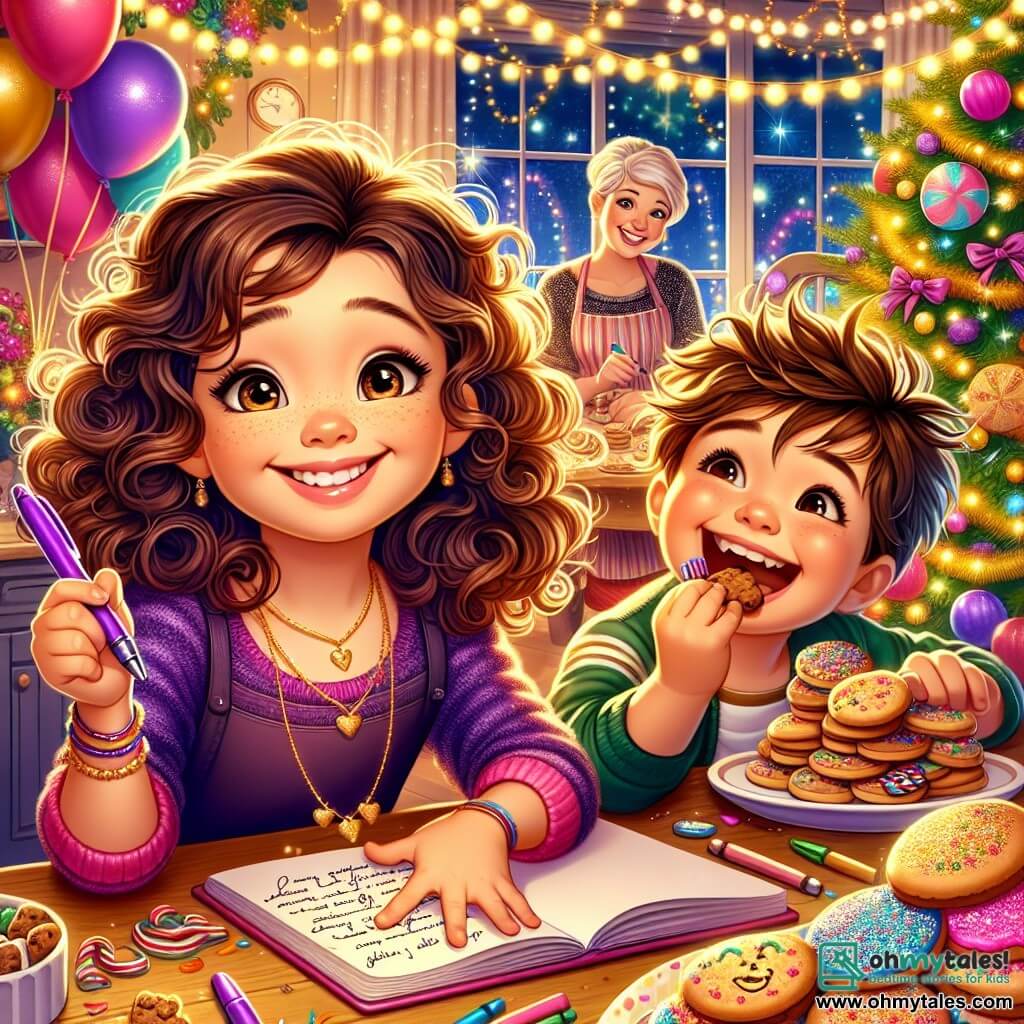 A 12-year-old girl, Maya, with curly brown hair and sparkling curious eyes, is sitting at a wooden table, a big smile on her face. She holds a purple pen and writes in an open notebook, surrounded by glittering decorations and colorful garlands. Next to her, her 6-year-old brother Max, with messy blonde hair and chocolate-covered cheeks, is trying to steal a cookie from the plate, laughing mischievously. Their mom, a smiling woman in her thirties with her hair in a bun, is in the kitchen decorating cookies with colorful icing while casting a loving glance at her children. The setting is a cozy living room filled with twinkling lights and multicolored balloons, with a large decorated Christmas tree in one corner. Golden and silver garlands hang from the ceiling, creating a festive atmosphere. The main scene shows Maya, full of enthusiasm, thinking about her New Year's resolutions, surrounded by her joyful family, ready to celebrate together.