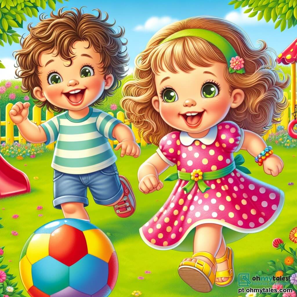 Uma menina de 2 anos, Sofia, com cabelos cacheados e olhos brilhantes, sorri alegremente enquanto corre atrás de uma bola colorida em um gramado verde. Ela usa um vestido rosa com bolinhas brancas e sandálias amarelas. Ao lado dela, Lucas, um menino de 3 anos com cabelos castanhos bagunçados e uma camiseta azul, ri enquanto tenta driblar a bola, com os braços levantados em sinal de vitória. Eles estão em um parque ensolarado, cercados por árvores verdes e flores coloridas, com um escorregador vermelho e um balanço ao fundo. A cena mostra Sofia e Lucas brincando juntos, correndo e rindo, cheios de energia e alegria, enquanto a bola quica alegremente no chão.