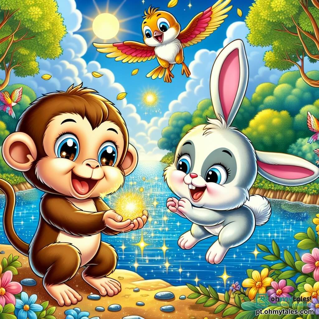 Um macaco alegre chamado Tito, com pelagem castanho-clara e olhos brilhantes de curiosidade, está à beira de um lago mágico, sorrindo amplamente enquanto segura uma pepita de luz nas mãos. Ao seu lado, uma pequena coelhinha travessa, Lili, com grandes orelhas brancas e olhos brilhantes, salta de alegria, com as patas traseiras levantadas no ar. Ao fundo, um pássaro colorido, Pipo, com penas vermelhas e amarelas, voa sobre o lago, cantando alegremente. O lago brilha sob o sol, cercado por árvores de folhas verdes vibrantes e flores multicoloridas que dançam ao vento. A cena emana uma atmosfera de magia e amizade, enquanto Tito e seus amigos se preparam para mergulhar na aventura em busca da pepita perdida.