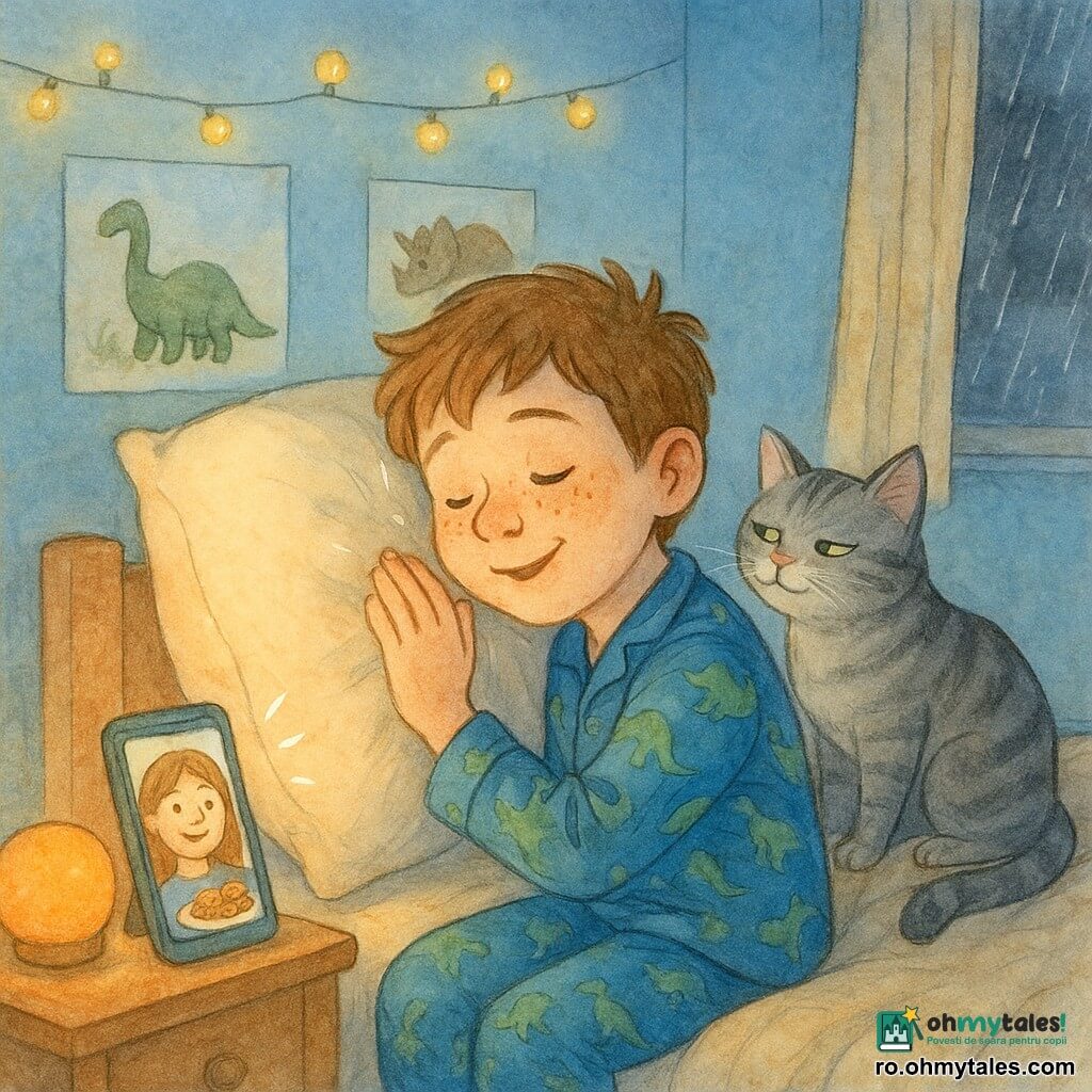 Un băiat de 12 ani cu față rotundă și pistrui, în pijama albastră cu dinozauri, stă pe marginea patului și pune urechea la o pernă mare crem, zâmbind; motanul adult Cico, gri cu dungi și ochi verzi pe jumătate închiși, stă lângă plapumă și privește protector, iar prietena Daria apare zâmbitoare pe ecranul telefonului de pe noptieră ținând o farfurioară cu biscuiți; camera mică și caldă are pereți bleu pal, ghirlandă de lumini galbene, veioză cu lumină portocalie, postere cu dinozauri, covor bej și fereastră cu ploaie nocturnă, scena e tandră și amuzantă la culcare, cu lumină blândă, compoziție centrată pe băiat, pernă și pisică, paletă pastelată și texturi delicate.