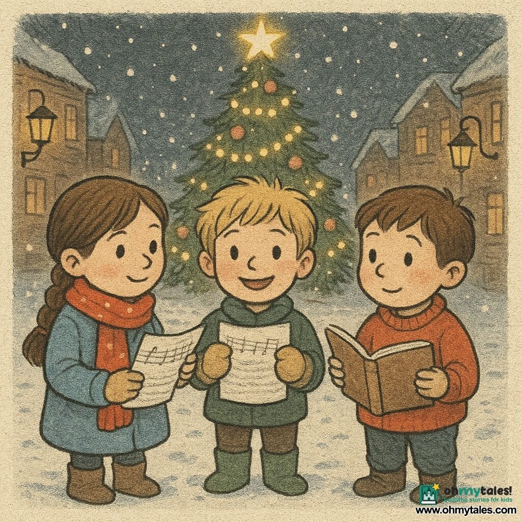 There are three children: Mia, 6, brown braided hair, red scarf with small stars, light blue coat, holding a folded song page in her left hand and standing on the left with a reassuring look; Leo, 6, tousled blond hair, beige bear mittens, green boots, centered, smiling and showing the torn page to the audience; Finn, 6, chestnut hair, rosy cheeks, slightly oversized red sweater, on the right holding the open songbook and looking at the others with regained shyness. They stand together, arm in arm, by a large illuminated Christmas tree on a snowy village square at night with warm lantern light, brick houses and frosted windows in the background, footprints and falling flakes visible. The scene shows the children returning the missing song page, warm and joyful expressions, soft garland light on their faces, printed-on-newspaper impression style with slightly faded colors and grainy texture.