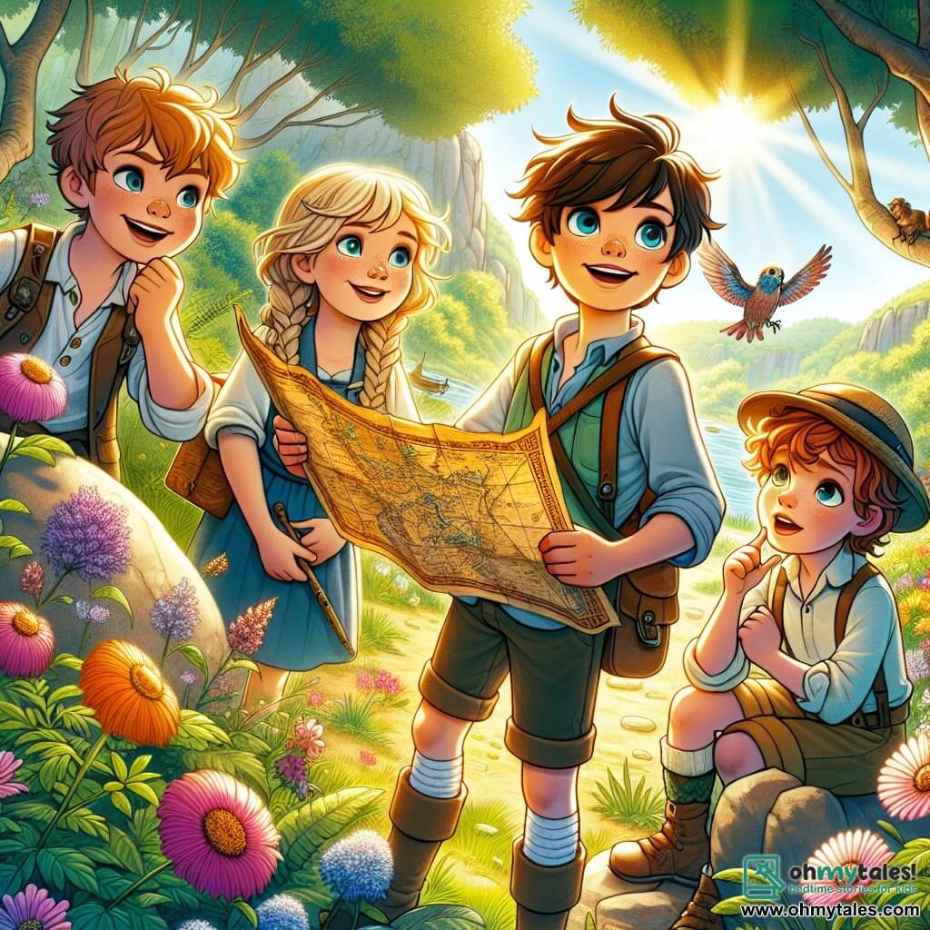 In a sunny clearing, four little adventurers stand proudly. Max, a 10-year-old boy with tousled brown hair and a bright smile, holds an old map in his hands, looking determinedly towards the horizon. To his left, Lily, a 9-year-old girl with braided blonde hair and sparkling eyes, enthusiastically points in a direction. On the right, Theo, a 10-year-old boy with round glasses and brown hair, gazes in wonder at a colorful bird perched on a branch. Finally, Emma, a 9-year-old girl with curly hair and a straw hat, takes notes in a small notebook while sitting on a rock surrounded by wildflowers. The setting is a hidden valley filled with vibrant flowers, large gnarled trees, and a sparkling stream winding through the landscape. In the background, a majestic waterfall pours into a crystal-clear pool, creating a rainbow in the air. The main scene shows the friends discovering an ancient wooden chest, half-buried under leaves, with glimmers of golden light escaping from inside, revealing mysterious treasures and sparkling artifacts. They are all gathered around the chest, wide-eyed with wonder and excitement, ready to embark on a new adventure together.