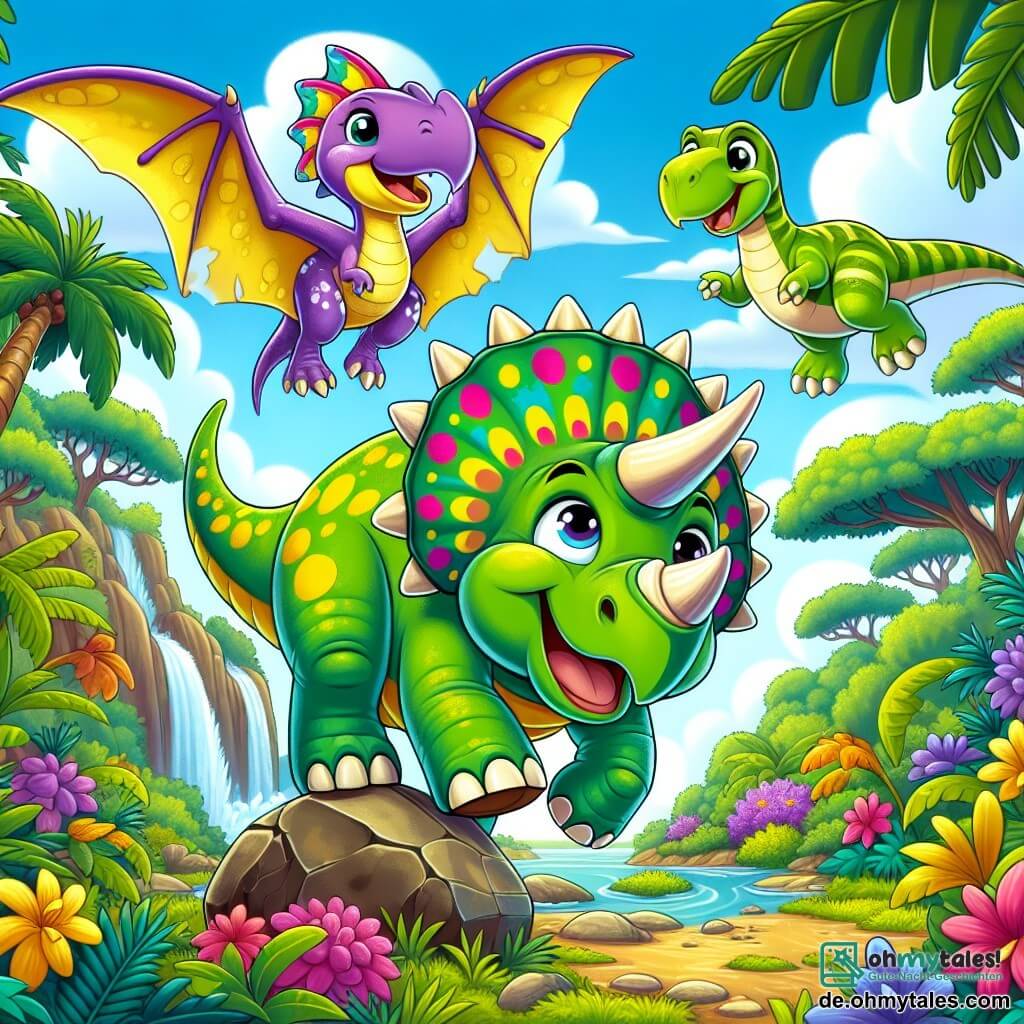 Ein Triceratops namens Tommy, mit grüner Haut und gelben Flecken sowie drei großen bunten Hörnern, drückt große Freude aus, während er in der Luft fliegt, seine Augen funkeln vor Aufregung. Neben ihm fliegt Lila, ein kleiner Flugsaurier mit lila Flügeln und einem strahlenden Lächeln, und ermutigt die anderen Dinosaurier unten. Benny, ein großer Brachiosaurus mit langem Hals und braunen Schuppen, steht am Boden bereit zu helfen, mit einem entschlossenen Ausdruck im Gesicht. Die Szene spielt in einer wunderschönen Lichtung im Dschungel, umgeben von bunten Blumen, großen grünen Bäumen und einem strahlend blauen Himmel. Tommy und seine Freunde bereiten sich darauf vor, den anderen Dinosauriern zu helfen, indem sie einen riesigen Felsen beiseite räumen, der den Fluss blockiert, was den Geist der Hilfsbereitschaft und Freundschaft veranschaulicht.