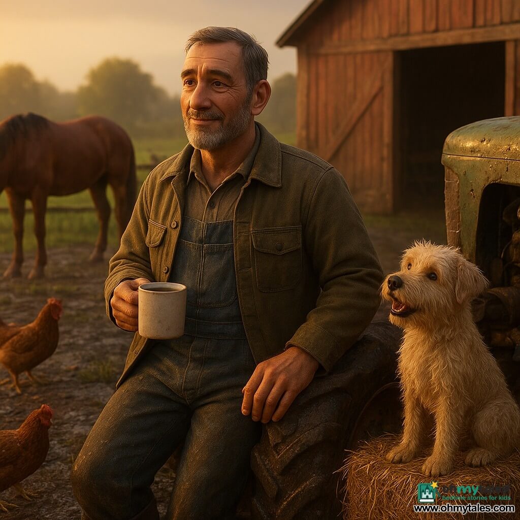 A fifty-something farmer with a sun-weathered face and short salt-and-pepper beard in dirty work clothes (olive canvas jacket, blue overalls) holds a cup of tea and rests a hand on a slightly muddy tractor while a small wheaten terrier wags its tail on a hay bale to his right, an old chestnut horse stands by a wooden fence at the left chewing grass, red hens peck the wet ground by the porch, and behind them a worn wooden fence and large red barn with an ajar door border a muddy field at dusk with golden damp light and rain reflections—the farmer surveys the land after rain, preparing his tools and smiling softly in a quiet, comforting moment.