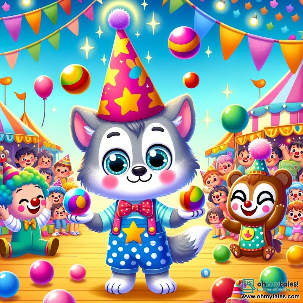 In the center of the image, a small wolf named Wally, with gray fur and bright eyes, wears a large starry party hat. He has a radiant smile and rosy cheeks, juggling two colorful balls with a focused yet joyful expression. To his right, a cheerful clown with a red nose and multicolored hair laughs and claps for Wally, his eyes sparkling with good humor. On the left, a friendly bear in a polka-dot apron holds a large shiny candy apple, smiling warmly at Wally. The backdrop is a lively carnival filled with colorful stalls, string lights, and balloons floating in a clear blue sky. Children laugh and dance around, creating a festive and joyful atmosphere. The main scene shows Wally juggling, surrounded by his new friends, all celebrating together in the magic of the carnival with bursts of laughter and vibrant colors.
