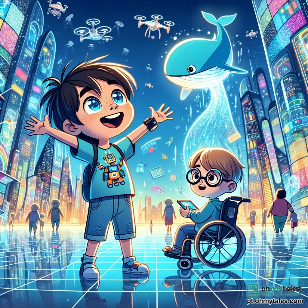 Dois personagens principais estão presentes: 1. Pedro, um menino de 9 anos, com cabelos castanhos bagunçados e olhos cheios de curiosidade. Ele usa uma camiseta colorida com estampas de robôs e um short de jeans, está no centro da imagem, com os braços abertos, maravilhado com o que vê. 2. Lucas, também um menino de 9 anos, com cabelos loiros e óculos redondos que lhe conferem um ar inteligente. Ele está sentado em uma cadeira de rodas flutuante, controlando um pequeno dispositivo em seu pulso, com um sorriso entusiasmado no rosto. Ele está ligeiramente à direita de Pedro, olhando para um holograma de uma baleia que nada no ar. O cenário é o Centro de Descobertas Interativas de Luminópolis, uma cidade futurista. Torres de vidro cintilante se erguem ao redor, refletindo cores vibrantes sob o sol. Drones voam acima, e telas holográficas exibem imagens de tecnologias avançadas. O chão é pavimentado com placas luminosas que mudam de cor a cada passo. A cena principal mostra Pedro e Lucas, maravilhados, observando um holograma gigante de uma baleia azul que nada graciosamente no ar, enquanto crianças ao redor se divertem programando robôs e construindo cidades em miniatura. A atmosfera é alegre e cheia de descobertas, ilustrando a empolgação da exploração em um mundo futurista.