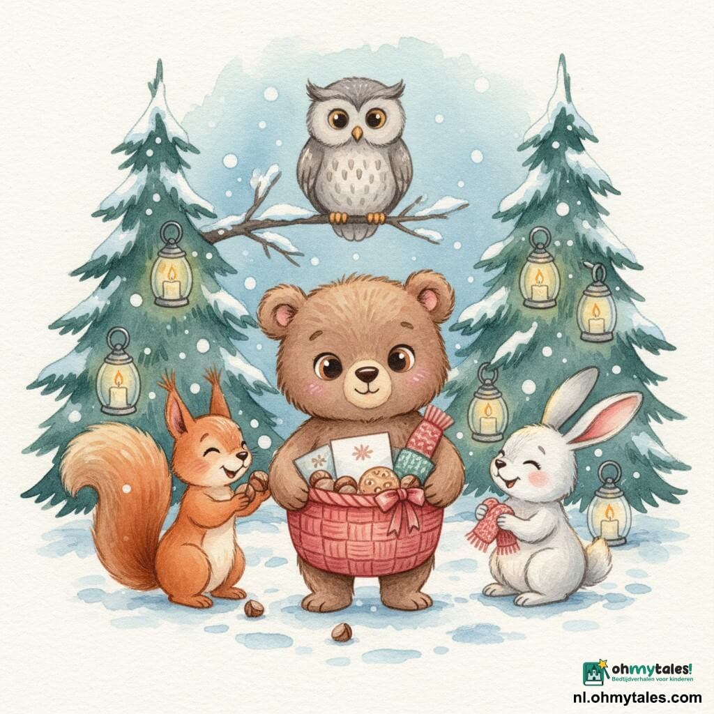 Een knuffelbruin beertje (hoofdpersonage) met ronde kastanjebruine ogen en een zachte glimlach staat in het midden met een grote rode gevlochten mand met lint; links legt een rood eekhoorntje met puntige oren hazelnoten in de mand, rechts zit een wit konijn met lange verlegen oren en een kleine gebreide sjaal die het aanbiedt, blij en ontroerd; een oude grijze uil zit hoog op een tak achter het beertje en kijkt vriendelijk met glanzende knoopachtige ogen; het is een besneeemde open plek bij schemering in een dennenbos versierd met glazen lantaarns en kaarsen in potjes, er dwarrelen vlokken, en de dieren verzamelen zich rond het beertje dat de mand vol simpele cadeaus (sjaals, koekjes, kaarten) opent — warme kaarsenlichting tegen de koude blauwe sneeuw, intieme kerst- en deelsfeer.