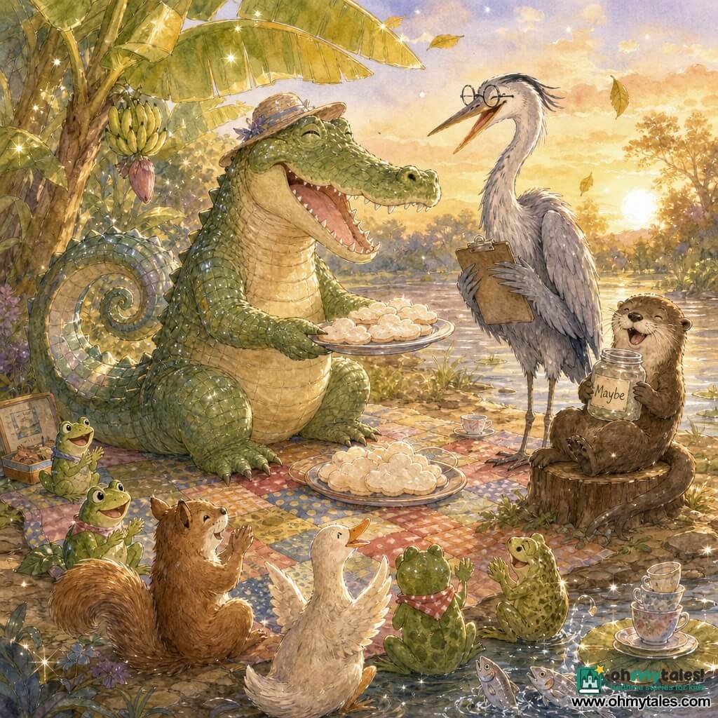 A large green crocodile with a cream belly and faintly iridescent scales sits on a patchwork blanket, smiling with its mouth open in warm laughter, wearing a tilted small hat and a perfectly curled tail, serving cloud-shaped cookies; Madame Heron, tall and slender with gray feathers and round glasses, stands by the water laughing with a clipboard to her chest, a playful otter on a nearby stump holds a jar labeled Maybe and smiles, while frogs, a squirrel and a goose clap and laugh as silver fish splash; the bright, muddy riverbank has a broad-leaved banana tree to the left, floating water lilies with stacked porcelain cups, colorful dishes and falling leaves in warm late-afternoon light, creating a joyful, slightly chaotic picnic with wobbling cups and a feather drifting on the water.
