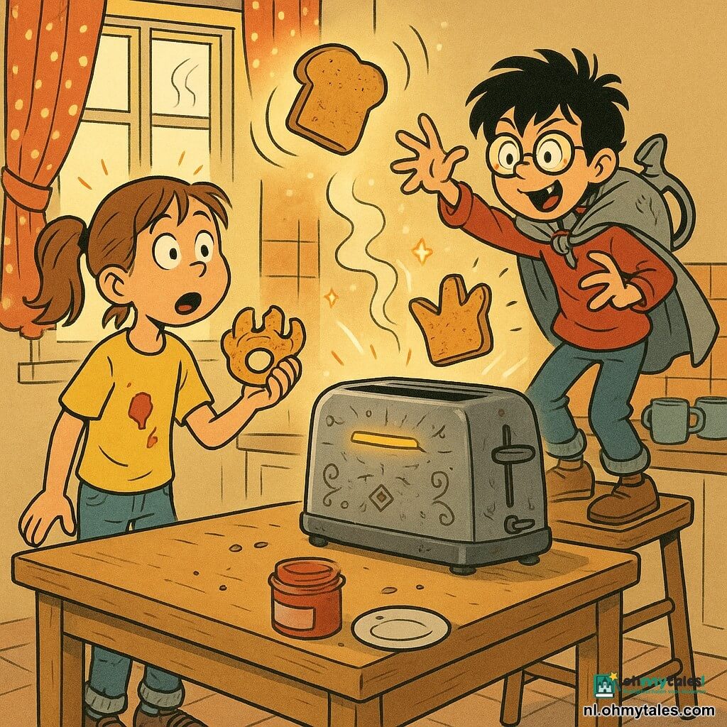 Twee kinderen: Noor (8) met bruine paardenstaart, geel confituurbeduimend T‑shirt en versleten jeans, staat links met een croissant in haar rechterhand en verwonderde blik naar de broodrooster; Milan (8) met warrig zwart haar en scheve ronde bril, draagt een oude theepot als geïmproviseerde cape, staat rechts op een krukje met linkerhand omhoog alsof hij een spreuk uitspreekt, ondeugende mimiek. Keuken warm en licht perspectief: lichte houten tafel met zichtbare kruimels, iets versleten tegelvloer, grote metalen broodrooster achteraan die zacht rookt en magische details heeft (graverinkjes, lichtspleet), raam met stippengordijn dat gouden licht binnenlaat, kopjes en open confituurpot op het werkblad. Hoofdgerecht: de magische broodrooster heeft twee geroosterde boterhammen tot leven gewekt — de ene doet een salto in de lucht, de andere landt als een krokante kroon op een bord; Noor en Milan reageren vol verbazing en plezier. Fantasierijke, humoristische sfeer, warme kleuren, duidelijke lijnen, overdreven gezichtsuitdrukkingen voor het komische effect.