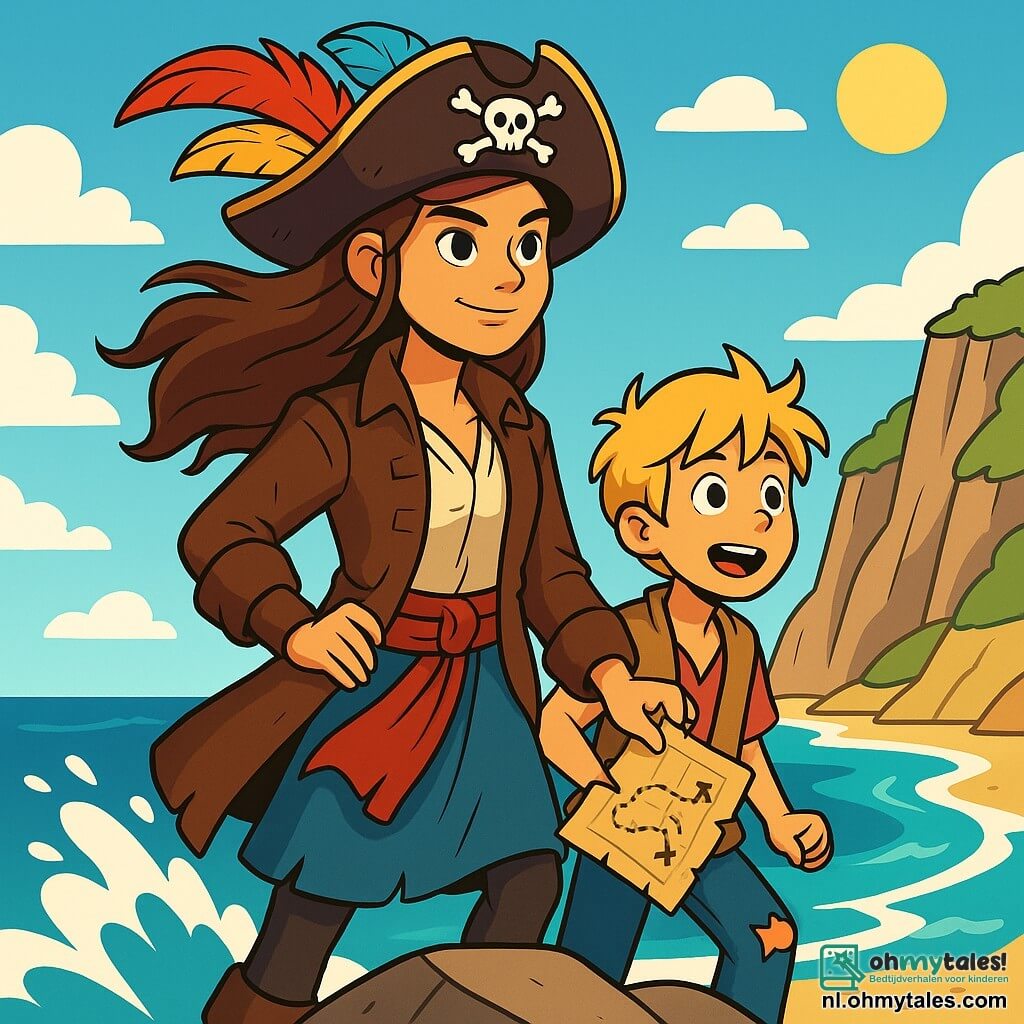 Een jonge piratenvrouw, Kapitein Elara, staat trots op een rots aan de zee, met haar lange bruine haar dat in de wind waait. Ze heeft een vastberaden en avontuurlijke blik, met nieuwsgierige ogen. Ze draagt een piratenhoed versierd met kleurrijke veren en een versleten leren jas, terwijl ze een schatkaart in haar rechterhand houdt. Naast haar staat een jongen genaamd Finn, ongeveer 10 jaar oud, met tousled blond haar, die verwonderd naar de zee kijkt. Hij draagt een canvas vest en gescheurde broek, en lijkt zowel opgewonden als een beetje nerveus, klaar om Elara te volgen in het avontuur. De achtergrond toont een wilde strand met steile kliffen en brekende golven die tegen de rotsen slaan. De lucht is helderblauw met enkele witte wolken, en de zon schijnt fel, waardoor het landschap wordt verlicht. Elara en Finn turen naar de horizon, vastbesloten om op zoek te gaan naar een mysterieuze eiland waar een legendarische schat verborgen zou zijn, terwijl de opwinding van het avontuur hen vult met moed en vreugde.