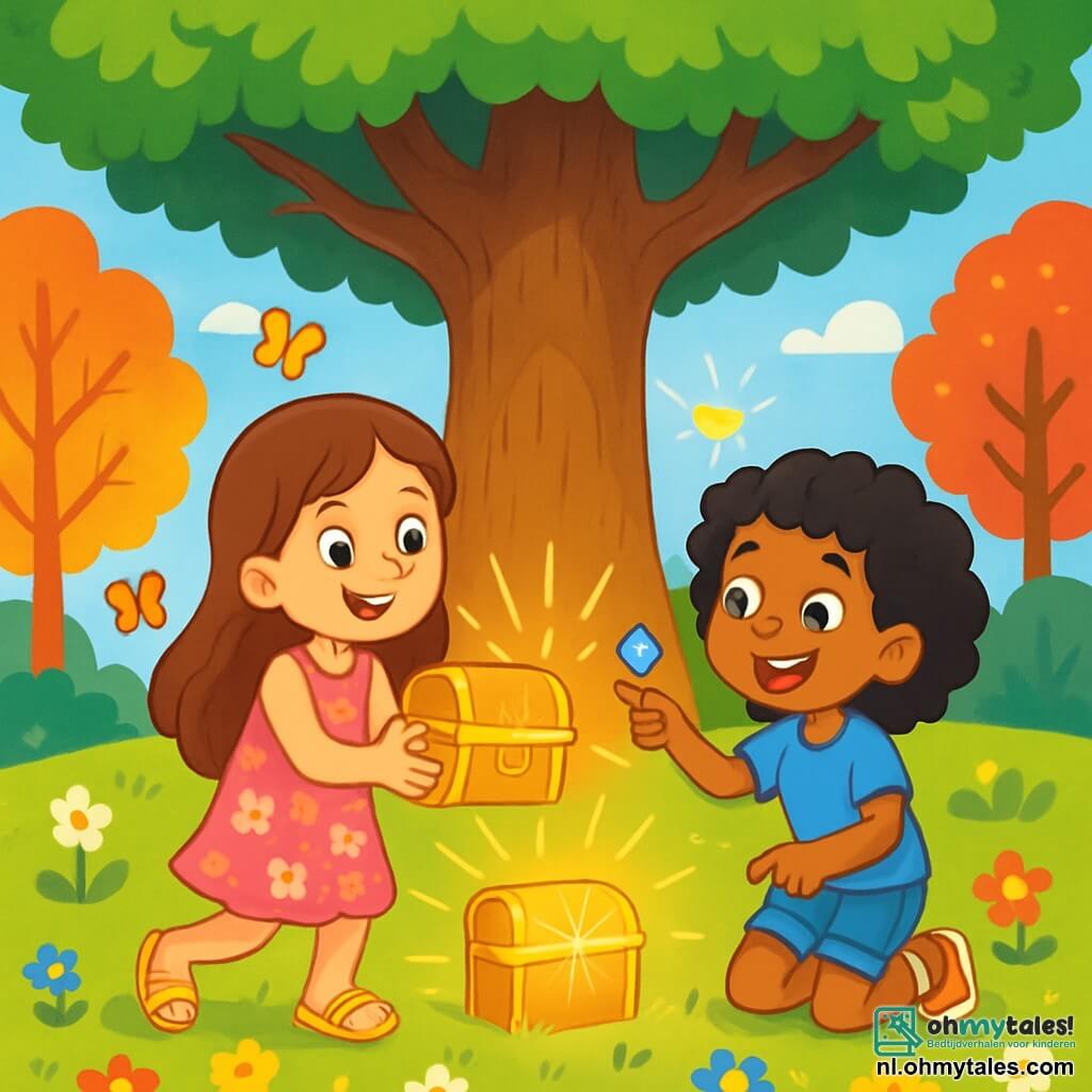 Er zijn 2 hoofdpersonages: - Lila: een 8-jarig meisje met lange bruine haren, gekleed in een roze bloemenjurk en gele sandalen. Ze is vrolijk en kijkt verwonderd naar een kleine gouden kist. - Noor: een 8-jarig meisje met zwarte krullen, gekleed in een blauwe t-shirt en een spijkerbroekshort. Ze glimlacht en wijst naar een mooie glinsterende steen die ze heeft gevonden. De situatie speelt zich af in een zonnige open plek, omringd door grote bomen met gekleurde bladeren, met een grond bedekt met kleurrijke wilde bloemen. In het midden staat een grote majestueuze eik met uitgestrekte takken die schaduw bieden. Aan zijn voeten glinstert een kleine gouden kist, omringd door zonnestralen. De hoofdactie toont Lila en Noor die de gouden kist onder de boom ontdekken, met gezichten vol nieuwsgierigheid en opwinding. Kleurrijke vlinders fladderen om hen heen, wat een magisch tintje aan deze scène van avontuur en verborgen schat toevoegt.