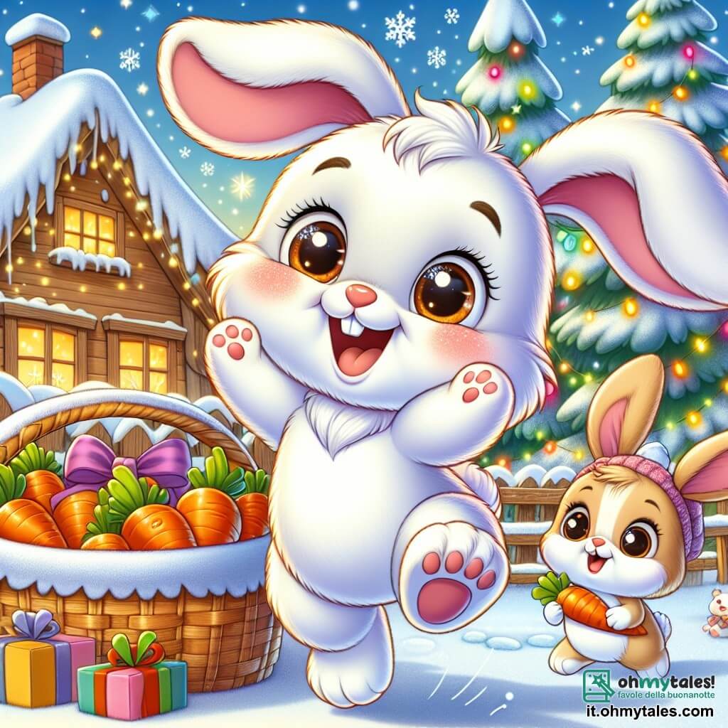 Un adorabile coniglietto di nome Bubi, con un pelo morbido e bianco come la neve, esprime una grande gioia saltando di felicità davanti a un grande cesto pieno di carote e regali colorati. I suoi occhi brillano di eccitazione e il suo sorriso illumina il suo viso. Accanto a lui, una piccola coniglietta di nome Lella, con orecchie lunghe e macchie marroni sul pelo, guarda Bubi con meraviglia, i suoi occhi scintillanti di felicità mentre tiene una carota tra le zampe. Lo sfondo è un incantevole villaggio innevato, con case di legno dai tetti coperti di neve scintillante, luci colorate che brillano e un cielo stellato che aggiunge un tocco magico alla scena. La situazione principale mostra Bubi e i suoi amici conigli riuniti attorno al cesto, condividendo risate e regali, celebrando insieme la magia del Natale in un'atmosfera calorosa e festosa.