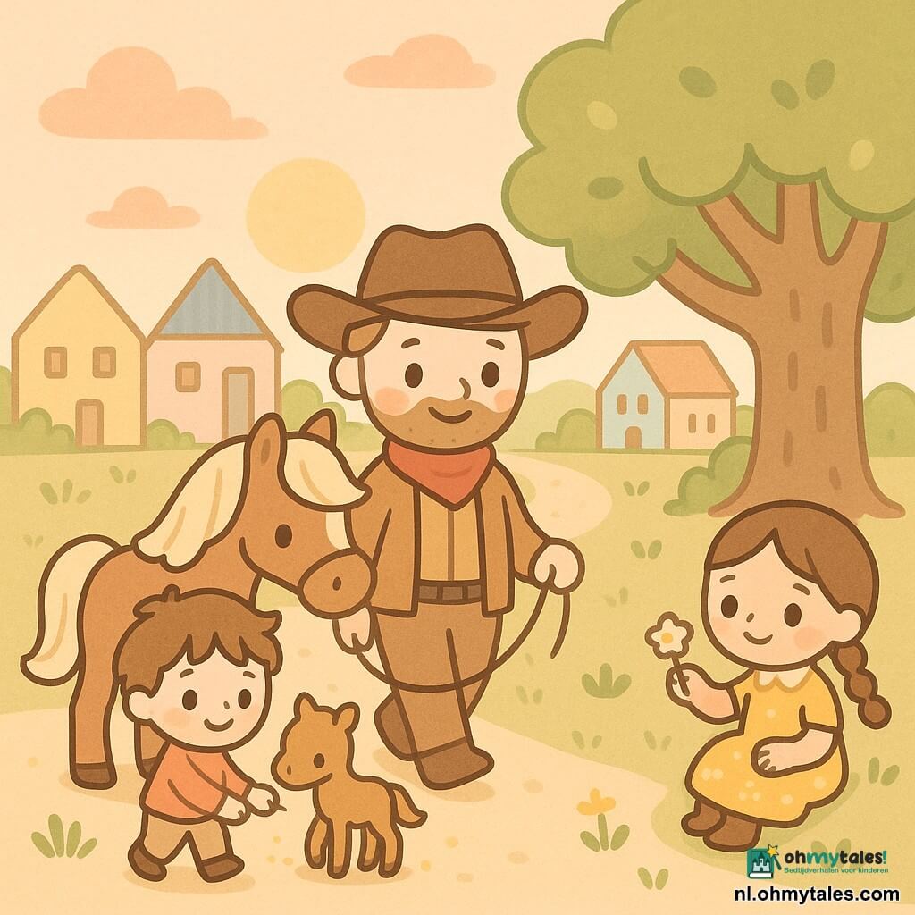 Een glimlachende, rustige cowboy met rond, kort baardje, zachte blauwe ogen, brede bruine hoed, rode sjaal en lichtbruine leren jas houdt zacht een hoofdstel vast en loopt langzaam naar het dorp; links staat een ongeveer 8‑jarige jongen met warrig kastanjebruin haar en verwonderde glimlach die de hand van een mini veulen vasthoudt bij de hoeven van het paard; rechts zit een ongeveer 6‑jarig meisje met gele bloemenjurk en bruine vlechten aan de voet van een oude eik, bewonderend kijkend en een klein bloemetje reikend; het paard is groot, glanzend alezaan met crèmekleurige manen, rustige ogen en duidelijke hoeven en loopt zacht waarbij een lichte gouden stofwolk optrekt; het dorp is een open plek met pastelkleurige houten huisjes, een zanderig pad, groene grasplukjes en wilde bloemen en een grote eik in het midden; het is zonsondergang met gouden laag licht, lange schaduwen en een roze‑oranje hemel; scène warm en geruststellend — de cowboy brengt de paarden naar het dorp om de bewoners te beschermen, met zachte gebaren, kindersmiles, warme kleuren en ronde vormen, centrering op de ontmoeting tussen man, kinderen en paard.