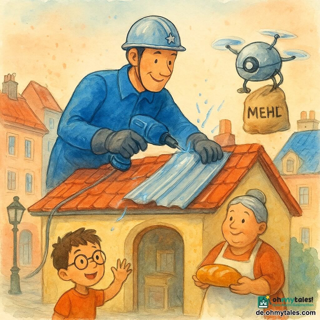 Ein großer, lächelnder und konzentrierter Mann — Kapitän Kobalt — in glänzend blauer Jacke, silbernem Helm mit kleinem Stern und magnetischen Handschuhen befestigt leichte Metallstreifen auf einem roten Dach mit „Super-Schrauben“, die kleine blaue Funken sprühen; unten an der Bäckerei steht die rundliche, warme Bäckerin Frau Kringel (etwa 50) mit grauem Dutt und hält ein goldenes Brötchen, ein etwa sechjähriger Junge mit braunen Haaren und runder Brille hebt auf dem Bürgersteig staunend die Hand; rechts vom Kapitän schwebt ein leicht zitternder, runder Lieferdrohne mit einem Mehlsack; die Szene spielt in einer bunten Stadt mit rot-blauen Ziegeldächern, schmiedeeisernen Laternen und pastellfarbenen Fassaden bei lachsfarbenem Abendhimmel — der Held repariert ruhig das Dach (blaue Lichtbänder, aquarellartige Windtropfen, präzise beruhigende Gesten), die Nachbarschaft schaut zu und fühlt sich sicher.