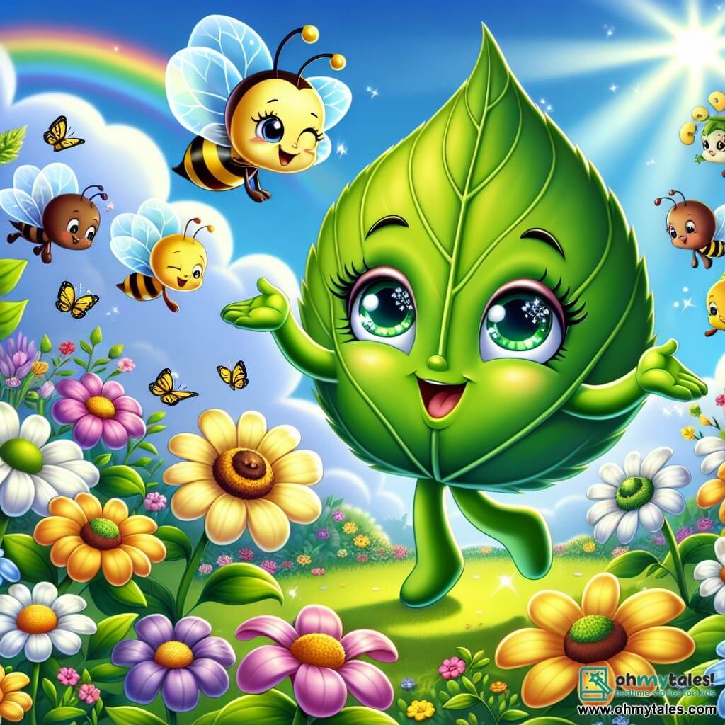 In the center of the image, Lila, a shiny green leaf with sparkling eyes and a joyful smile, dances in a gentle breeze, her arms outstretched as if to embrace the world. She is surrounded by colorful flowers, her delicate veins shimmering in the sunlight. To her right, a group of yellow and white daisies, with smiling faces, leans towards Lila, their petals vibrating with excitement as they listen attentively. To her left, a buzzing bee with black and yellow stripes joyfully flies around her, its translucent wings glistening in the light, ready to help. The setting is a lush garden filled with vibrant flowers, green bushes, and a clear blue sky dotted with fluffy white clouds. Colorful butterflies dance around the flowers, adding a touch of magic to the scene. The main activity shows Lila and her friends cleaning the garden, picking up litter and planting new flowers, all united in a joyful effort to make their environment more beautiful and welcoming for birds and butterflies.