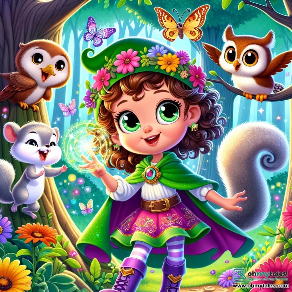 A little girl named Lily is a six-year-old apprentice witch with curly brown hair and sparkling curious eyes. She wears a bright green cape and purple boots, smiling in wonder as she touches a glowing magical stone. Next to her, a small silver squirrel named Pip, with mischievous eyes, joyfully hops on a branch, enthusiastically encouraging Lily. A wise owl, Professor Hoot, with brown feathers and round glasses, perches on a branch above them, watching the scene kindly. The setting is an enchanted forest with tall, majestic trees and leaves shimmering like emeralds in the sunlight. Colorful flowers with smiling faces surround the characters, and butterflies with bright wings flutter around them. Lily, with an expression of joy and determination, uses her magic to summon colorful fish from a nearby pond, creating bursts of light and color in the air, while Pip and Professor Hoot cheer her on.