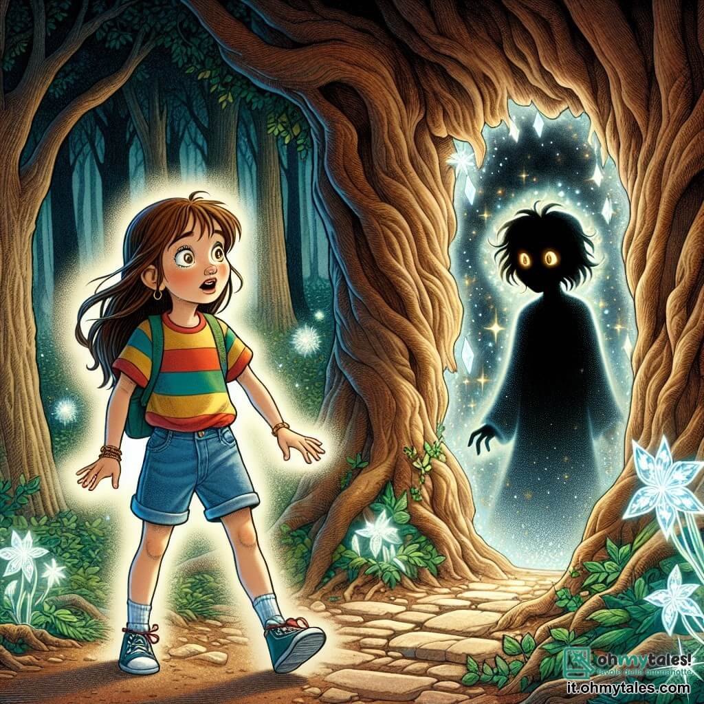 Una ragazza di 8 anni, Lucia, si trova accanto a un grande albero secolare, con gli occhi brillanti di curiosità ed eccitazione. Ha lunghi capelli castani, una maglietta colorata e pantaloni corti di jeans, e osserva con meraviglia un'ombra misteriosa che si profila davanti a lei. Accanto a lei, Tenebris, un personaggio fantastico con una silhouette sfocata e occhi scintillanti, fluttua leggermente sopra il suolo. Ha un aspetto etereo, con contorni scuri e riflessi luminosi, e sorride dolcemente a Lucia, incoraggiandola ad avanzare. Il luogo è una foresta fitta, con alberi dai tronchi nodosi e foglie di un verde brillante, mentre cristalli scintillanti emergono dal suolo, illuminando l'ambiente con un bagliore magico. Fiori luminescenti circondano il sentiero, creando un'atmosfera incantevole e leggermente misteriosa. La scena principale mostra Lucia esitante all'ingresso di un tunnel di luce che si apre davanti a lei, mentre Tenebris la invita a seguirlo, creando un momento di tensione mescolato a eccitazione e mistero.