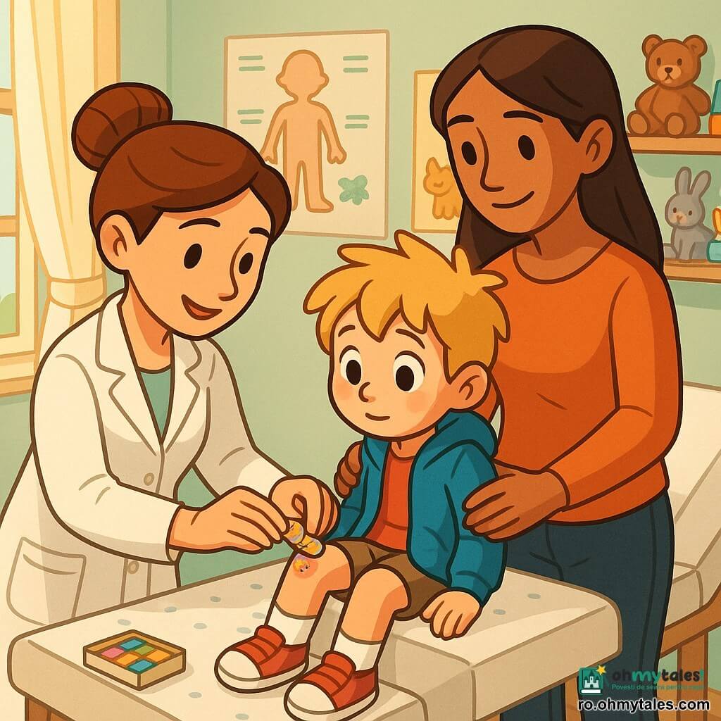 O doctoriță, Ana, zâmbitoare și liniștitoare, păr castaniu prins coc, poartă halat alb și ține un mic plasture colorat între degete, aplecată spre băiatul Matei, în vârstă de circa 5 ani, păr blond ciufulit, haine albastre, șezând pe masa de consultație cu picioarele atârnând; mama lui, doamna Ioana, ~30–35 ani, păr lung brunet, stă lângă masă ținându-i mâna și punându-i o mână pe umăr; cabinet luminos și cozy, pereți verde pal, postere educative, fereastră cu perdea ușoară, etajeră cu jucării și cutie cu plasturi multicolori pe masa albă de examinare cu hârtie cu buline; scena: doctorița aplică delicat un plasture pe genunchiul băiatului în timp ce mama îl liniștește, atmosferă caldă și de încredere.