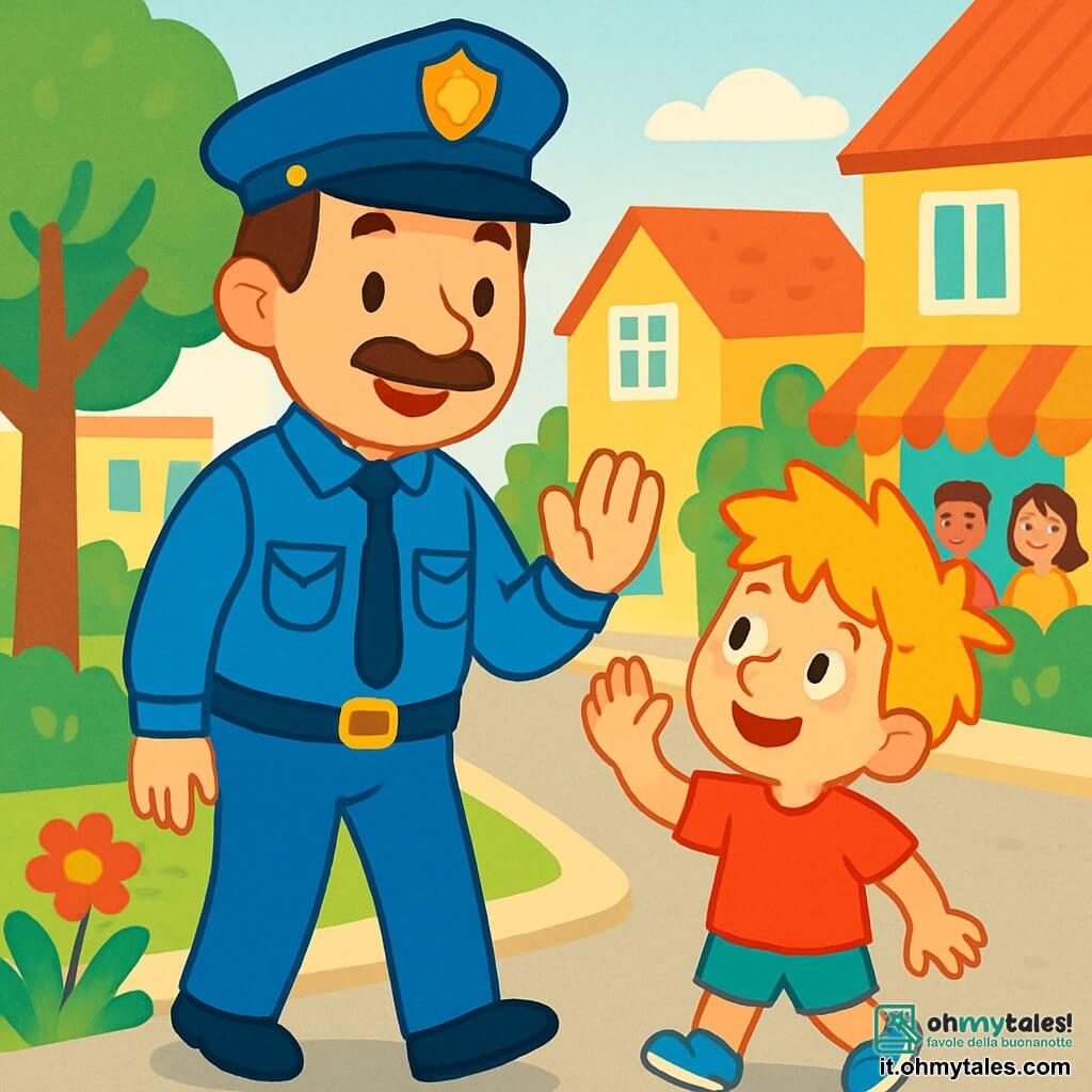 Un poliziotto di nome Marco, sorridente e benevolo, indossa una divisa blu brillante. Ha i capelli castani e un sottile baffo, e si trova in piedi con una postura amichevole, tendendo la mano per salutare un bambino. Accanto a lui, un ragazzo di 8 anni di nome Luca, con i capelli biondi disordinati e una maglietta rossa, guarda Marco con ammirazione, gli occhi spalancati, alzando la mano per salutare a sua volta. La scena si svolge in una strada animata della città, fiancheggiata da case colorate e piccoli negozi. Alberi verdi e fiori vivaci aggiungono vita all'ambiente. Marco e Luca camminano insieme, discutendo allegramente, mentre i passanti li guardano sorridendo, creando un'atmosfera di sicurezza e amicizia.