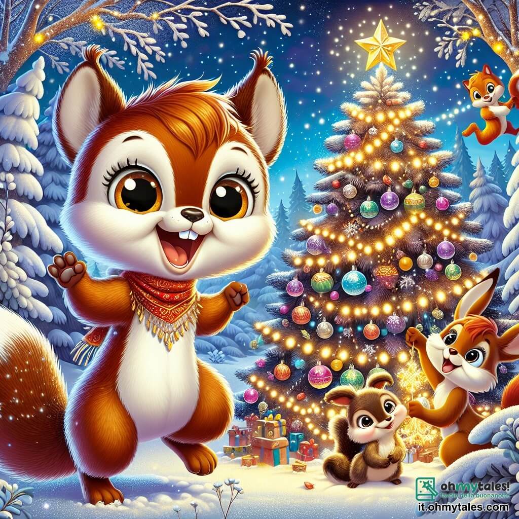 Nutty, un piccolo scoiattolo dagli occhi scintillanti e dal pelo marrone, è al centro dell'immagine, saltellando di gioia davanti a un grande albero di Natale decorato con luci brillanti e palline colorate. Sorride ampiamente, con le piccole zampe sollevate in aria, traboccante di eccitazione. Alla sua destra, Felix, una volpe astuta con un pelo arancione vivo e una coda folta, guarda Nutty con un sorriso complice, tenendo una ghirlanda di foglie dorate tra le zampe. A sinistra, Binky, un adorabile coniglio con grandi orecchie bianche, sta posizionando una stella brillante sulla cima dell'albero, con gli occhi spalancati per lo stupore. La scena si svolge in una foresta incantata, dove fiocchi di neve cadono dolcemente, coprendo il terreno con un manto bianco scintillante. Gli alberi maestosi sono ornati di brina scintillante e stelle brillano nel cielo notturno, creando un'atmosfera magica. La situazione principale mostra Nutty e i suoi amici mentre celebrano la magia del Natale, circondati da decorazioni colorate, in un'atmosfera gioiosa e festiva, pronti a condividere risate e momenti indimenticabili.