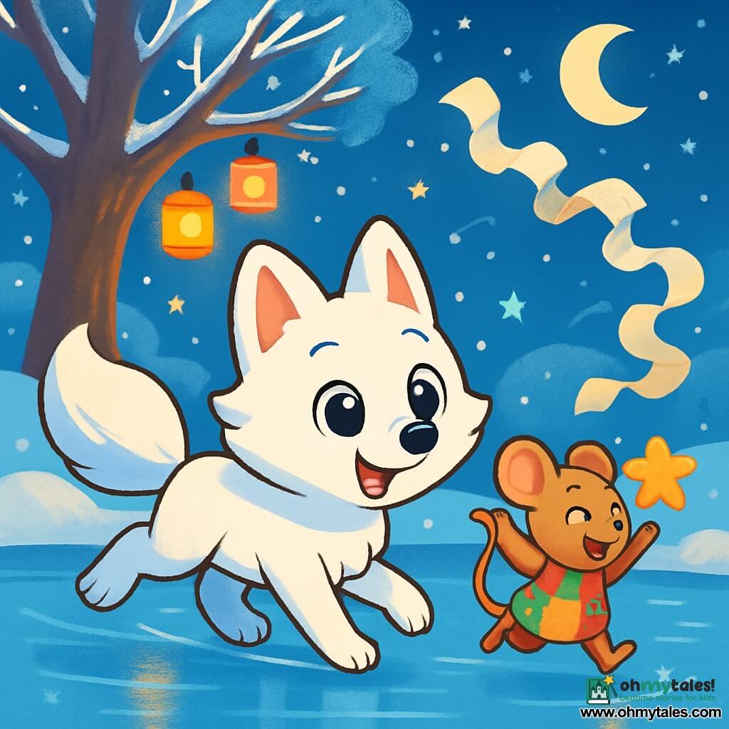 A small snow fox named Pippin, with bright white fur and round, shiny eyes, joyfully runs on the ice of a frozen pond, his face beaming with excitement and determination. Next to him, a little mouse named Tilly, wearing a colorful patchwork coat and sparkling eyes, jumps for joy, holding a sugar star in her paws. In the background, a majestic oak tree covered in sparkling frost stands by the pond, while colorful lanterns light up the scene, creating a festive atmosphere. The main focus shows Pippin chasing a long stream of paper wishes flying in the wind, surrounded by a soft moonlight and a joyful celebration ambiance, with snowflakes gently falling.