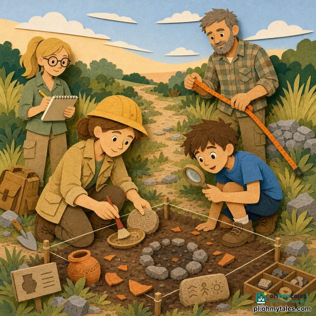 Kobieta archeolog, łagodna skupiona twarz, uśmiech, kasztanowe włosy w koku, nosi żółto-miodowy kask, khaki kurtkę z dużymi kieszeniami i skórzane buty, klęczy i odkurza małym czerwonym pędzelkiem talerz i wygrawerowany kamyk; około 12-letni chłopiec Kuba z rozczochranymi brązowymi włosami i ciekawymi oczami, w niebieskim t‑shircie, kuca po prawej i trzyma papierową lupę patrząc z zachwytem na wykop; mężczyzna Marek ok. 45 lat z krótką siwą brodą i w kratowanej koszuli stoi z tyłu i trzyma długą pomarańczową taśmę mierniczą; kobieta Ola ok. 35 lat z blond kucykiem i okrągłymi okularami stoi lekko z tyłu po lewej, trzyma beżowy notes i ołówek i notuje znaleziska; miejsce: trawiasta polanka przy starej ziemnej drodze z wysoką jasnozieloną trawą, krzewinkami i porozrzucanymi szarymi kamieniami, miękkie popołudniowe światło i pastelowe niebo; główna scena: delikatne wykopy małego prostokąta ziemi, krąg kamieni po dawnym ogniu, odłamki pomarańczowej ceramiki i mała kamienna płytka z prostymi znakami — spokojna, metodyczna, pełna ciekawości; dominujące kolory: ziemiste (ochra, brąz, piasek), łagodne zielenie, akcenty żółto-miodowe i błękitne; tekstury wycięte z papieru, widoczne krawędzie, miękkie cienie, klarowna, przystępna kompozycja dla dzieci.