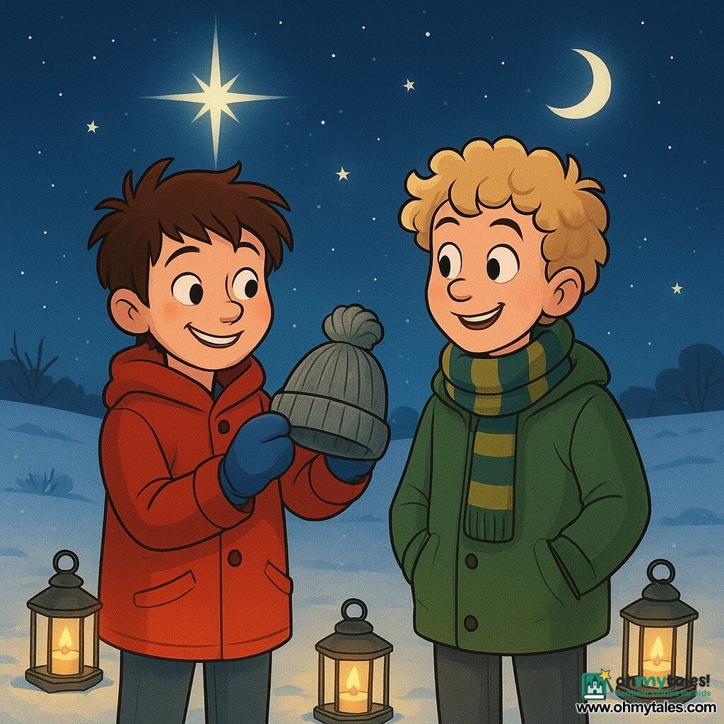 There are two main characters: Jonah, an almost 11-year-old boy with a mischievous smile, tousled brown hair, and cheeks rosy from the cold, wearing a bright red coat and blue mittens, stands on the snow holding a woolen hat in his hand. Ben, an almost 11-year-old boy with a serious expression and curly blond hair, wearing a green coat and a striped scarf, is next to Jonah, his eyes shining with relief and joy. The setting is a snowy field under a starry night sky, with a soft silver moonlight illuminating the landscape. Glass lanterns with flickering candles are placed on the ground, creating a warm and magical atmosphere. The main situation shows Jonah and Ben standing side by side, looking at a woolen hat they have just retrieved, with expressions of triumph and camaraderie. Their silhouettes are surrounded by the gentle glow of the lanterns, and above them, a bright star twinkles in the sky, adding a touch of magic to the winter scene.