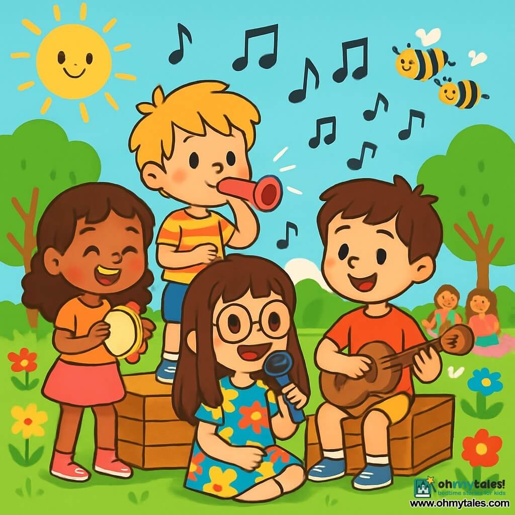 There are 4 children: - Lily: an 8-year-old girl with long brown hair and round glasses, wearing a colorful flower dress, sitting on the grass holding a plastic microphone. - Jake: an 8-year-old boy with messy blonde hair and a striped t-shirt, standing next to Lily blowing into a shiny whistle that makes a buzzing sound. - Mia: a 7-year-old girl with curly hair and a pink skirt, smiling while playing a tambourine, slightly behind and to the left of Jake. - Sam: a 9-year-old boy with brown hair, sitting on the grass to the right of Lily, playing a cheerful melody on a wooden ukulele. The scene takes place in Jake's sunny garden filled with colorful flowers and green trees, with an improvised stage made of wooden crates, surrounded by families sitting on picnic blankets, laughing and smiling. The main situation shows the children playing their song "The Buzzing Adventure," with musical notes floating in the air and drawn bees in the sky, creating a joyful and festive atmosphere.
