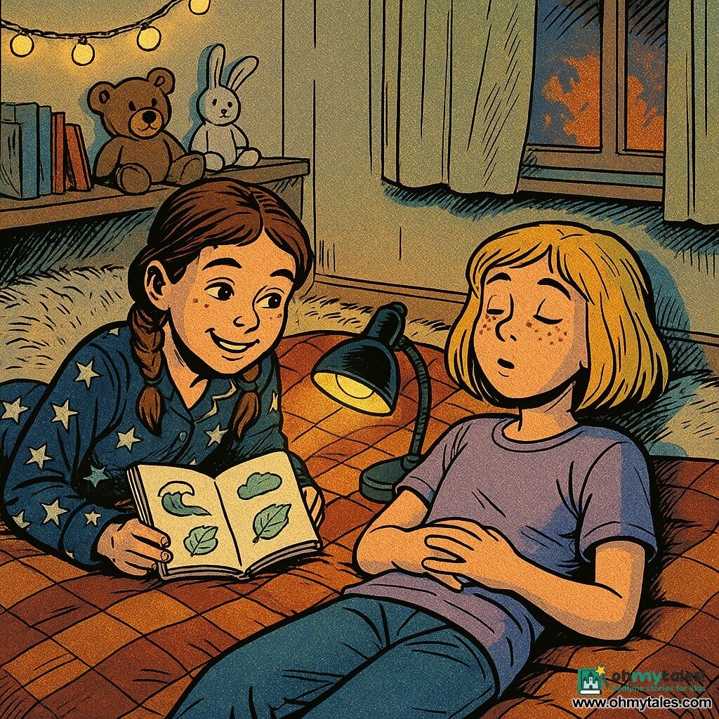 Two 11-year-old girls: a brunette with mid-length hair in loose braids, fair skin, wearing navy star-patterned pajamas, lying on the left of the plaid holding a small open notebook and smiling calmly at the lamp; a blonde with a bob and freckles wearing a lavender comfy T‑shirt, lying on the right with hands on her belly and eyes half-closed as if drifting to sleep. Warm children's bedroom with a cream wall and warm bulb garland, a low shelf with plush toys and books, a window with sheer curtains letting orange streetlight glow, and a faux-fur rug under the plaid. They lie side by side on a large checkered blanket for an intimate nightlight moment: a small desk lamp in the center casts soft yellow light, the open notebook shows three simple drawings (wave, leaf, cloud), tight composition, soft tones and low contrast evoking nighttime serenity.