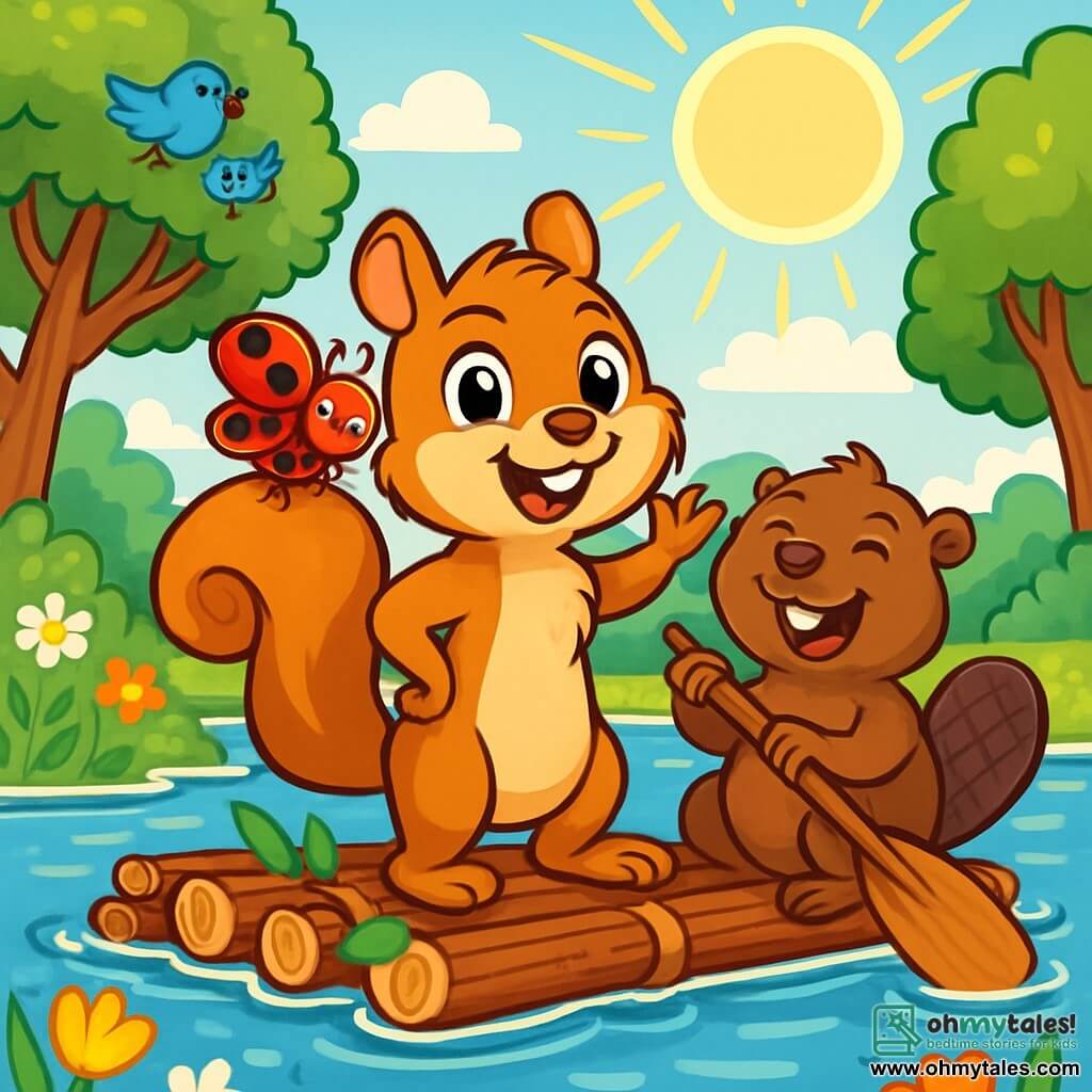 A young squirrel named Sammy, with sparkling eyes and golden-brown fur, stands on a raft made of branches and leaves, wearing a wide smile of excitement. He is surrounded by a joyful atmosphere, with sunlight illuminating his face. Next to him, Benny the beaver, with dark brown fur and a flat tail, laughs happily while holding a wooden paddle, ready to row. On Sammy's shoulder, Lily the ladybug, with her red wings and black spots, flutters joyfully, her eyes shining with curiosity. The scene takes place on a sparkling lake, bordered by colorful wildflowers and tall green trees, with birds singing in the branches. Sammy and his friends are getting ready to navigate the lake, surrounded by laughter and a summery vibe, prepared for a day of adventure and discovery.