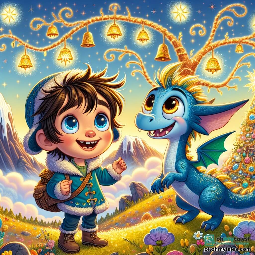 Um garoto de 6 anos, chamado Tomás, com grandes olhos brilhantes e cabelos castanhos bagunçados, sorri com admiração. Ele usa um pequeno chapéu azul adornado com uma estrela dourada e um casaco colorido. Ao seu lado, um dragãozinho azul, do tamanho de um pequeno cachorro, com escamas cintilantes e olhos brilhantes de alegria, está prestes a voar. Eles estão no topo de uma majestosa montanha, cercada por nuvens suaves e douradas, com uma vista panorâmica de uma floresta mágica abaixo. A montanha é salpicada de flores vibrantes e pedras brilhantes, enquanto uma brisa suave faz as folhas das árvores dançarem. A cena principal mostra Tomás e Pipo, o dragão, descobrindo uma magnífica árvore mágica com ramos carregados de sinos dourados que tilintam suavemente ao vento, iluminando seus rostos de admiração e curiosidade.