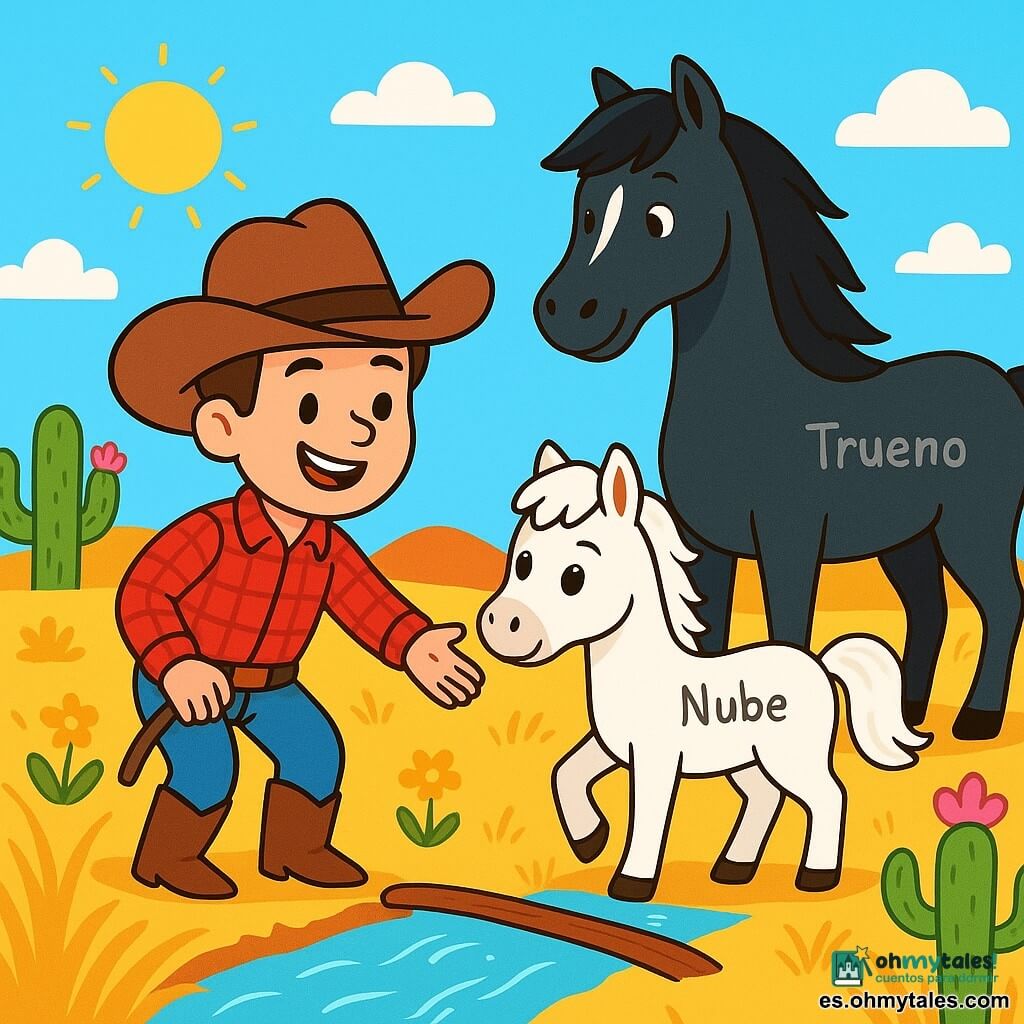 Un vaquero de unos 30 años, con un gran sombrero marrón, botas de cuero y una camisa de cuadros rojos, sonríe con orgullo. Está extendiendo la mano hacia un pequeño caballo blanco, un adorable potro llamado Nube, que lo mira con ojos brillantes y curiosos. Cerca, un gran caballo negro llamado Trueno se mantiene orgulloso, con una melena ondeante, observando la escena con una expresión tranquila. El paisaje es una vasta pradera dorada, salpicada de flores amarillas y cactus con flores rosas, bajo un cielo azul brillante donde el sol brilla intensamente. La escena principal muestra al vaquero ayudando a Nube a cruzar un pequeño arroyo brillante, extendiéndole una rama como un puente, mientras el viento hace bailar la hierba a su alrededor.