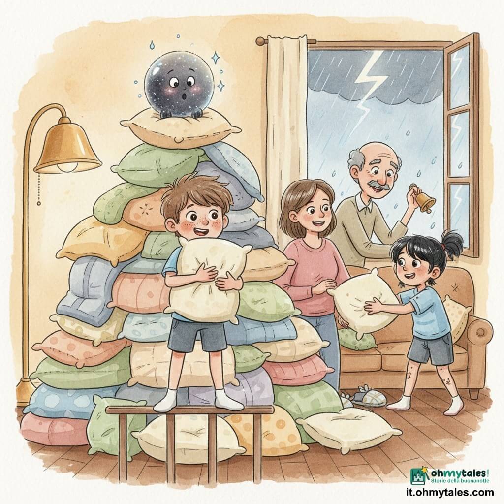 Un ragazzo di 10 anni, Nico, lentigginoso, capelli castani arruffati, occhi grandi e curiosi, espressione meravigliata e orgogliosa, tiene contro il petto un grande cuscino écru; una bambina di circa 10 anni, Sara, capelli neri in codini, sorriso complice e ginocchia cosparse di briciole, spinge dolcemente un altro cuscino verso Nico vicino alla finestra; il signor Arturo, uomo di circa 60 anni, magro, baffi grigi e ciabatte spaiate, dietro i bambini suona una campanella sorridendo; la mamma, sui 35 anni, con la mano sulla spalla di Nico osserva la scena con tenerezza; un tuono antropomorfo, bolla d'aria scura e scintillante con piccole scintille blu sul bordo, posa timidamente sdraiato sulla pila di cuscini, viso sorpreso e sollevato; interno: salotto caldo con molte pile di cuscini e coperte a formare una fortezza, lampada in ottone, finestra aperta su un cielo piovoso con fulmini lievi, pavimento in parquet; atmosfera calma e giocosa, momento tenero e magico di vittoria mentre i bambini aiutano, colori pastello e luci morbide.