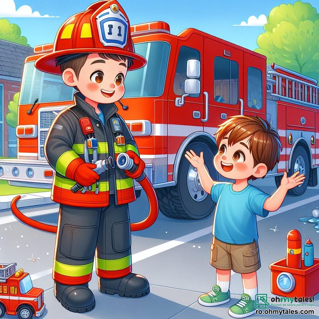 Un pompier pe nume Andrei se află în centrul imaginii, zâmbind cu mândrie. Poartă o uniformă roșie aprinsă, o cască strălucitoare și ține un furtun de incendiu în mâini. Fața lui este prietenoasă și hotărâtă, arătând entuziasmul său de a ajuta pe alții. Lângă el, un băiat de 8 ani, pe nume Alex, cu părul brunet și ochi strălucitori, îl privește pe Andrei cu admirație. Poartă un tricou albastru și o pereche de pantaloni scurți, ridicând brațele în aer, exprimându-și dorința de a deveni un erou ca pompierul. Pe fundal se află un mare camion de pompieri roșu, parcat pe o stradă însorită, cu copaci verzi și un cer albastru. Se pot vedea jucării de pompier împrăștiate în jurul lui Alex, adăugând o notă ludică scenei. Andrei îi explică lui Alex cum funcționează camionul de pompieri, în timp ce râd împreună, ilustrând prietenia și curajul.