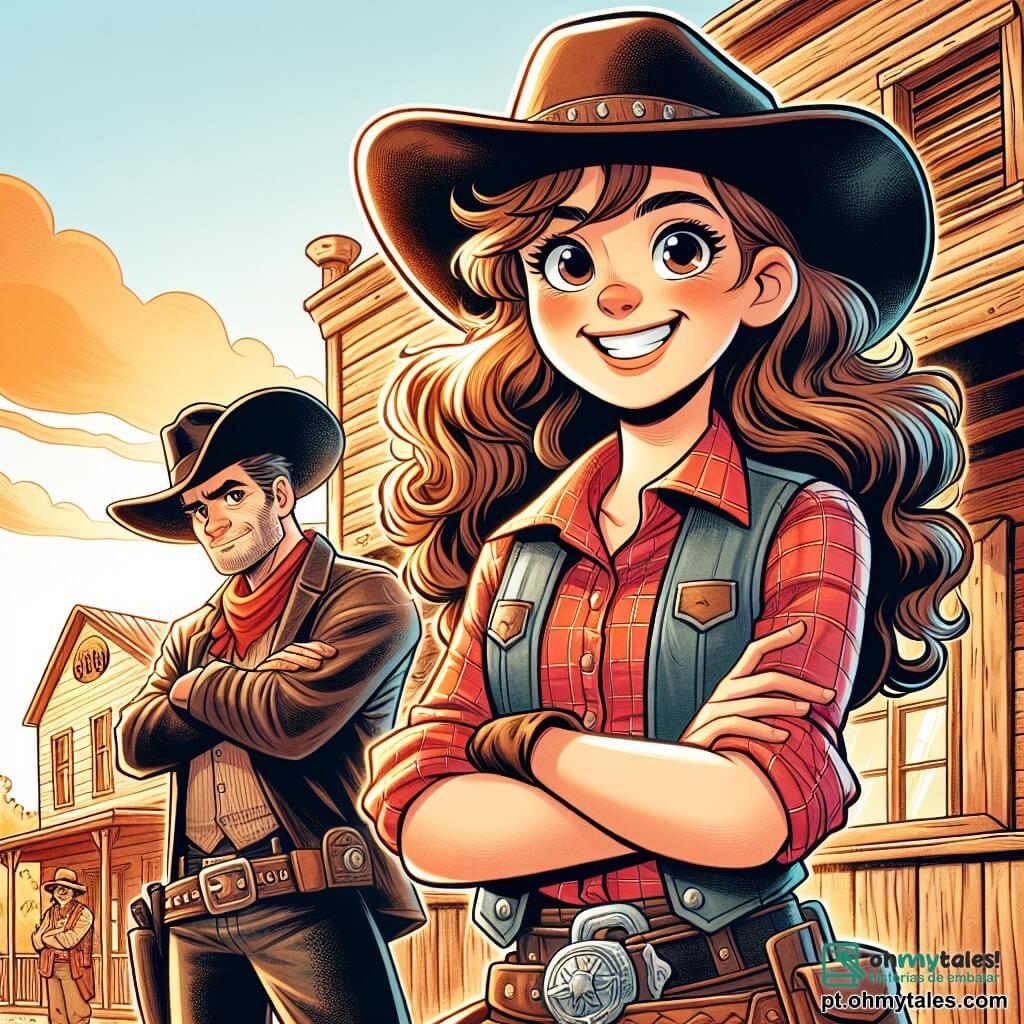 Clara, uma jovem cowgirl com cabelos castanhos ondulados, usa um chapéu de cowboy gasto e uma camisa xadrez vermelha. Seu rosto expressa determinação alegre, com um grande sorriso e olhos brilhantes. Ela se posiciona orgulhosamente, com os punhos na cintura, em frente a um saloon de madeira. Jake, um homem de cerca de trinta anos com um grande chapéu preto e um casaco de couro, está ao seu lado. Ele tem um olhar admirativo, com os braços cruzados, e parece pronto para ouvir sua história. O saloon está localizado em uma pequena cidade do Velho Oeste, com paredes de madeira envelhecida, janelas com persianas e uma placa de madeira desgastada. O sol se põe no horizonte, projetando sombras douradas no chão empoeirado. A cena principal mostra Clara, triunfante, após desafiar os cowboys do saloon, cercada por uma multidão entusiasmada que aplaude sua bravura. Os rostos dos espectadores estão maravilhados, e a atmosfera é cheia de alegria e excitação.