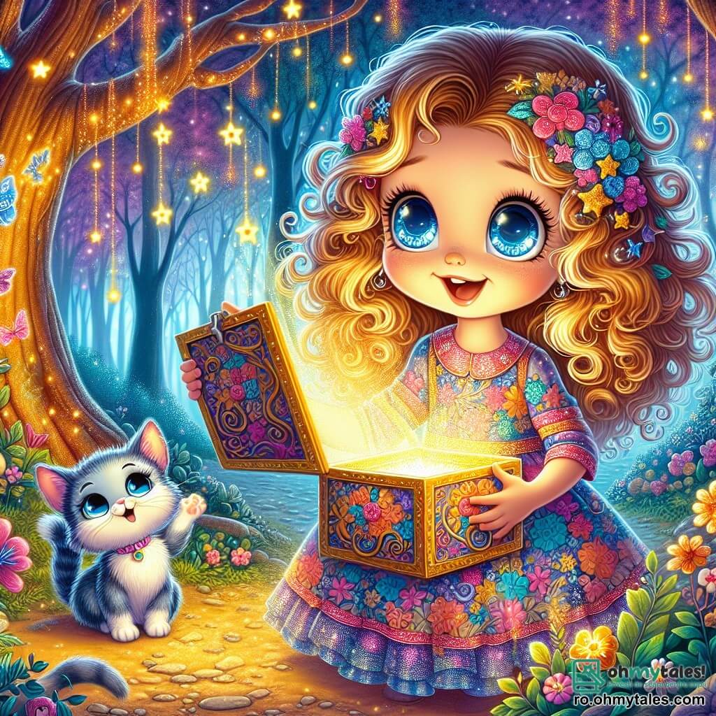 O fetiță de 6 ani, Liana, cu părul buclat și auriu, ochi mari și curioși, stă în centrul imaginii. Ea poartă o rochie colorată cu motive florale și stele strălucitoare. Fața ei exprimă uimire și bucurie în timp ce descoperă o cutie magică misterioasă care strălucește. Lângă ea, o pisicuță albastră numită Miska, cu un zâmbet jucăuș, o privește cu afecțiune. Decorul este o pădure fermecată, plină de copaci măreți și flori luminoase care dansează în jur. Liana, fascinată, deschide cutia magică, iar lumini strălucitoare ies din interior, dezvăluind o hartă misterioasă pentru o aventură incredibilă.