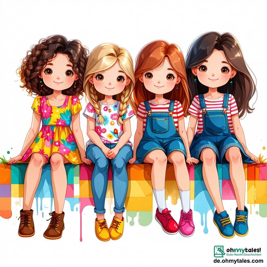 Vier Mädchen, Carlotta (10 Jahre, lockige braune Haare, trägt ein buntes Kleid), Emma (10 Jahre, blonde Zöpfe, trägt ein T-Shirt mit Blumenmuster), Lilli (10 Jahre, glatte schwarze Haare, trägt Shorts und ein gestreiftes T-Shirt) und Nora (10 Jahre, lockige rote Haare, trägt eine Latzhose), sitzen auf einer großen, bunten Karodecke in einer verzauberten Lichtung. Um sie herum tanzen lächelnde Blumen im Takt einer unsichtbaren Musik, während im Hintergrund ein großer Zuckerstangenbaum mit funkelnden Süßigkeiten beladenen Ästen steht. Neben ihnen streckt sich ein Snoozier, eine kissenähnliche Kreatur mit Ohren, faul und mit einem träumerischen Lächeln. Die Mädchen genießen bunte Leckereien, lachen und plaudern über ihre Abenteuer im Fantasiewald, während eine kleine, bonbonförmige Wolke über ihnen schwebt und sanftes, magisches Licht auf die Szene wirft.