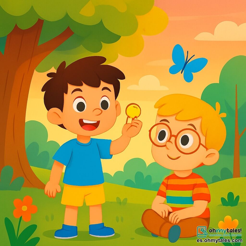 Hay 2 personajes principales: Tomás, un niño de 7 años con cabello castaño desordenado y ojos brillantes, que lleva una camiseta azul y un pantalón corto amarillo, sonriendo y sosteniendo una moneda brillante; y Simón, un niño de 6 años con cabello rubio y gafas redondas, que viste una camisa a rayas coloridas y pantalones beige, sentado en la hierba mirando a Tomás con curiosidad. La escena se desarrolla en un parque verde, iluminado por la luz dorada del sol poniente, rodeado de árboles majestuosos y flores coloridas. La historia muestra a Tomás y Simón conversando alegremente bajo un gran árbol, explorando el misterio de su moneda mágica, compartiendo risas y pensamientos, mientras una mariposa azul vuela alrededor, añadiendo un toque de magia a su amistad.