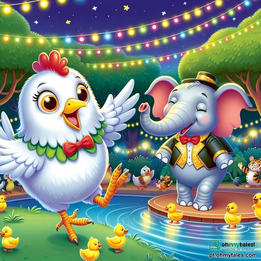Uma galinha chamada Plic, com penas brancas brilhantes e um pequeno bico amarelo, pula de alegria no meio de uma festa animada, seus olhos brilhando de curiosidade e empolgação. Ao lado dela, um elefante chamado Dumbo, com grandes orelhas cinzas e uma tromba enrolada, toca música alegre, com um grande sorriso no rosto. No fundo, patos coloridos dançam em um pequeno lago cintilante, suas penas amarelas e brancas refletindo a luz da lua. O lugar é um zoológico mágico, iluminado por cordões de luzes coloridas, com árvores verdejantes e animais reunidos para celebrar. A cena mostra Plic e Dumbo preparando uma grande festa, cercados de amigos animais, todos prontos para dançar e se divertir sob um céu estrelado.