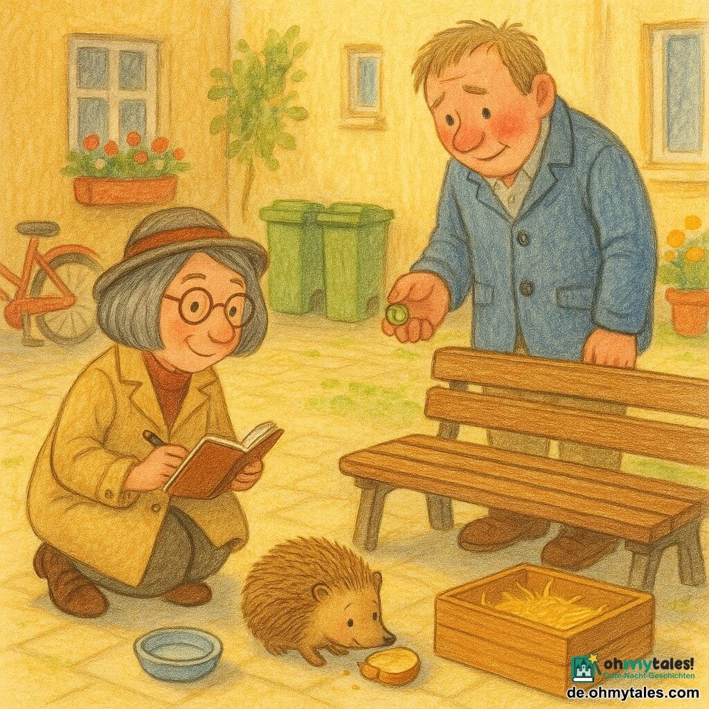 Eine mittelalte Detektivin mit kinnlangem grauem Haar, runden Brillen und beigem Mantel kniet, hält ein kleines geöffnetes Notizbuch und einen Stift, wirkt aufmerksam und wohlwollend; ein schüchterner Nachbar von etwa 60 Jahren in zerknitterter blauer Jacke, mit rotem verlegenen Gesicht, steht am abgenutzten Holzbänkchen und hält einen kleinen grünen Knopf; das kleine Igelchen Knusper, rund mit weichen braunen Stacheln und spitzem Rüssel, frisst ein halbes Brötchen auf dem gepflasterten Boden neben einer Holzkiste mit Stroh; Schauplatz: heller Innenhof am Morgen mit Mülltonnen, an eine Wand gelehntem Fahrrad und bunten Blumentöpfen, goldenem Licht und weichen Schatten; Hauptszene: die Detektivin entdeckt den Igel unter der Bank, der Nachbar gesteht, Brot gegeben zu haben, ruhige Gesten — eine Hand reicht eine kleine Wasserschale und eine Kiste mit Stroh; visueller Stil: Buntstiftstriche, weiche texturierte Konturen, warme Farbpalette (Gelb, Braun, Grün, sanftes Rot), kindlich-expressive Details, beruhigende leichte Stimmung.