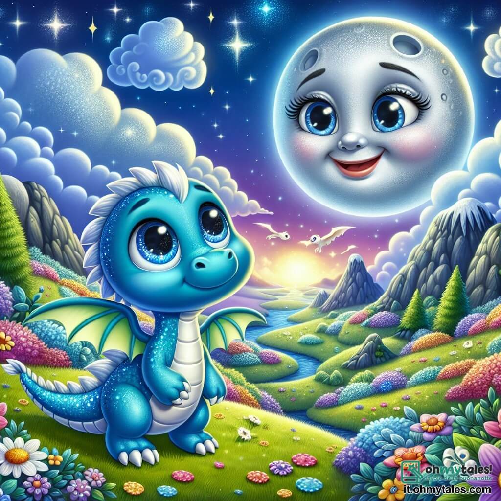 Un piccolo draghetto di nome Blu, con squame blu scintillanti e grandi occhi curiosi, si trova al centro della scena, con le ali spiegate, pronto a volare, mostrando un'espressione determinata ed entusiasta. Alla sua destra, la grande Luna d’Argento, una luna sorridente con un volto dolce e raggi argentati, fluttua nel cielo stellato, guardando Blu con benevolenza e incoraggiamento. Lo sfondo è la magnifica Valle delle Nuvole, piena di dolci colline coperte di fiori colorati e nuvole soffici che fluttuano, creando un'atmosfera magica. Blu è pronto per l'avventura, guardando verso l'orizzonte dove una luce misteriosa brilla in lontananza, simboleggiando la ricerca della Luce Magica.