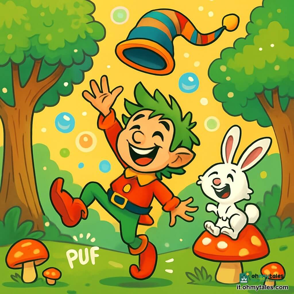 Un follet gioioso di nome Trombetto, con un grande sorriso splendente, indossa un cappello a righe multicolori e delle scarpe che fanno 'puf' ad ogni salto. Ha capelli arruffati di colore verde e occhi scintillanti di malizia, mentre cerca di afferrare il suo cappello che vola sopra di lui, circondato da bolle luccicanti. Vicino a lui, un Coniglio Capovolto, un piccolo coniglio dalle grandi orecchie e pelliccia bianca, salta all'indietro con un'espressione divertita, ridendo delle situazioni buffe. È seduto su un fungo rosso a pois bianchi, osservando Trombetto con curiosità. La scena si svolge nella magica Foresta Frizzantina, dove gli alberi sono alti e folti, le loro foglie brillano di mille colori, e i funghi danzano sul terreno, creando un'atmosfera gioiosa e giocosa. Trombetto cerca di riprendere il suo cappello volato verso la cima dell'Albero Fricicorio, famoso per i suoi frutti che esplodono in risate, mentre bolle colorate fluttuano attorno a loro, aggiungendo un tocco di magia a questa avventura esilarante.