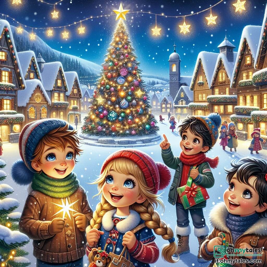 In una scena magica di Natale, quattro bambini si trovano al centro di una pittoresca piazza di villaggio innevata. Luca, un ragazzo di 12 anni con i capelli castani e gli occhi brillanti, sorride entusiasta tenendo una stella luminosa in mano. Alla sua destra, Giulia, una ragazza di 12 anni con lunghi capelli biondi intrecciati e un berretto rosso, guarda con meraviglia le decorazioni scintillanti. A sinistra, Marco, un ragazzo di 12 anni con i capelli neri e occhiali rotondi, tiene un sacchetto pieno di dolci, mentre Samuele, un altro ragazzo di 12 anni con capelli castani e un sorriso malizioso, indica un grande albero di Natale illuminato al centro della piazza. Il luogo è circondato da case in legno decorate con luci e fiocchi di neve che cadono dolcemente. L'albero di Natale, maestoso, è adornato con palline colorate e una stella dorata in cima, mentre fiocchi di neve danzano nell'aria, creando un'atmosfera incantata. I bambini, meravigliati, stanno preparando un piano per ritrovare le stelle rubate, circondati dalla magia del Natale, con luci scintillanti e risate gioiose che riempiono l'aria.