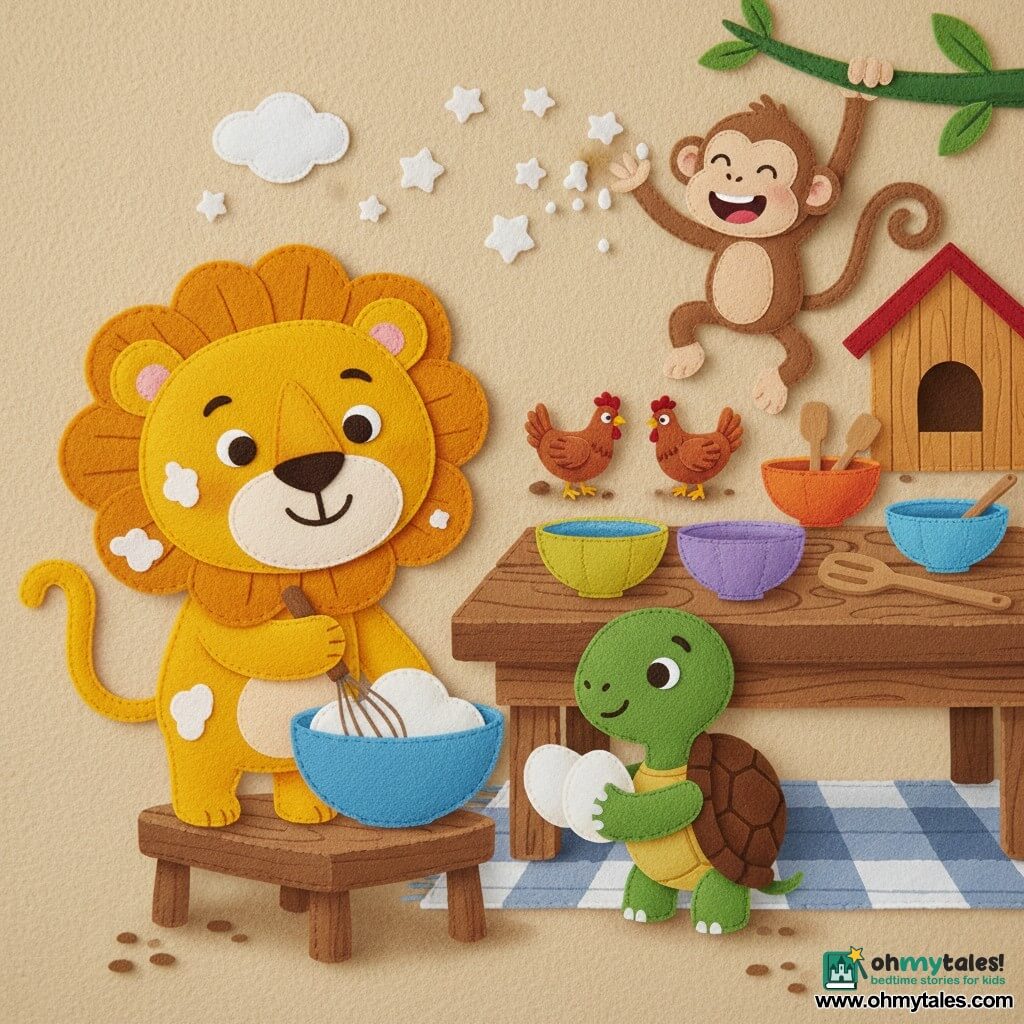 A golden-yellow lion with a round mane and smiling face stands on a small wooden stool whipping batter in a blue bowl, a light brown lively monkey grins from a branch above the table tossing a pinch of flour into the air, a gentle green turtle with a brown shell carefully holds two large white eggs beside the lion, two ruffled red hens peck near a small wooden coop in the background, all in a sunny outdoor kitchen with a rustic wooden table, colorful bowls and wooden spatulas, a checkered floor mat and a light cloud of flour, creating a warm, playful scene of joyful cake preparation.