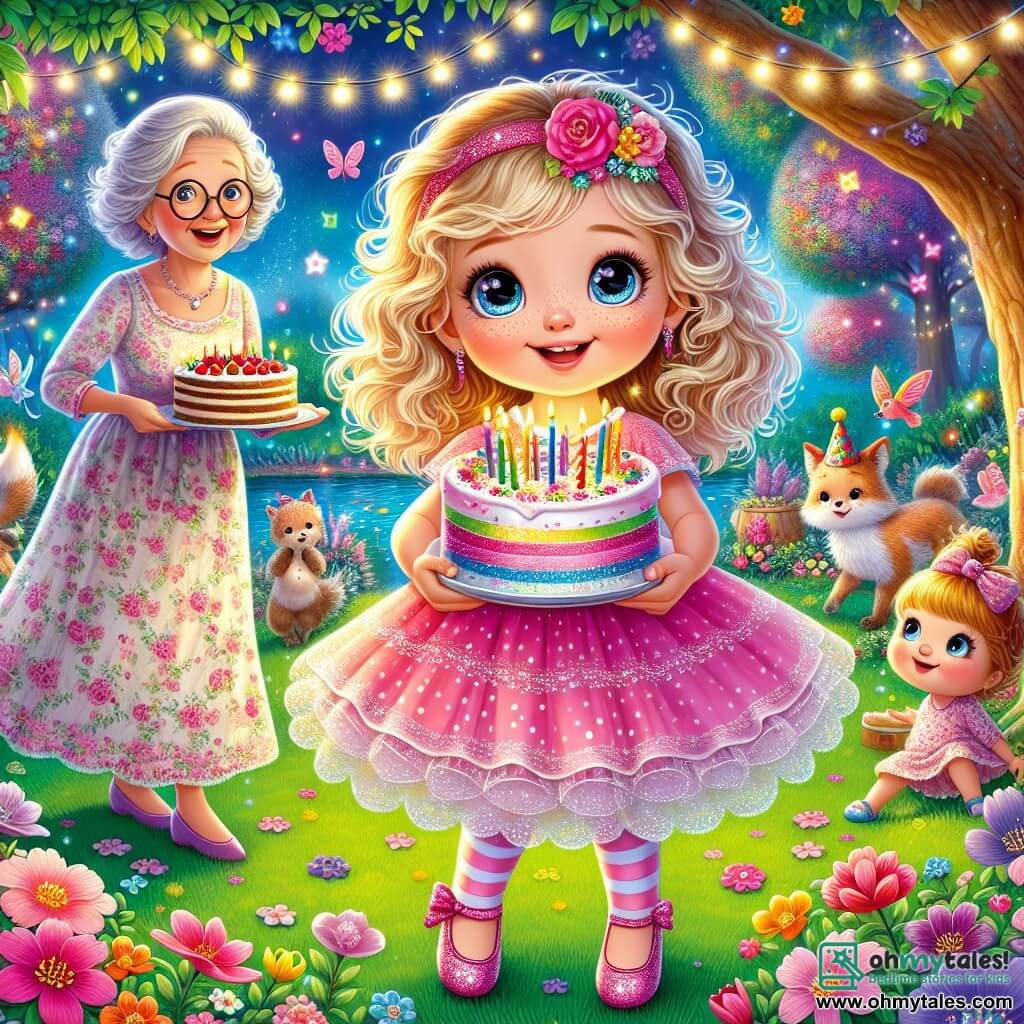 A 3-year-old girl named Lily, with sparkling big eyes and curly blonde hair, joyfully smiles while holding a birthday cake decorated with three colorful candles. She wears a pink dress with white polka dots and sparkling ballet flats, dancing on the green grass surrounded by colorful flowers. Next to her is her grandmother, an elderly woman with silver hair and round glasses, who smiles tenderly while holding a large platter of cakes. She wears a floral dress and an apron, standing slightly back, watching her granddaughter with love. In the background, a magical garden filled with singing flowers and twinkling lights illuminates the scene. Colorful tree trunks and brightly feathered birds fly in the blue sky, creating a joyful and festive atmosphere. The main scene shows Lily celebrating her birthday surrounded by her animal friends in an enchanted garden, where they dance and laugh together, sharing moments of happiness and magic.