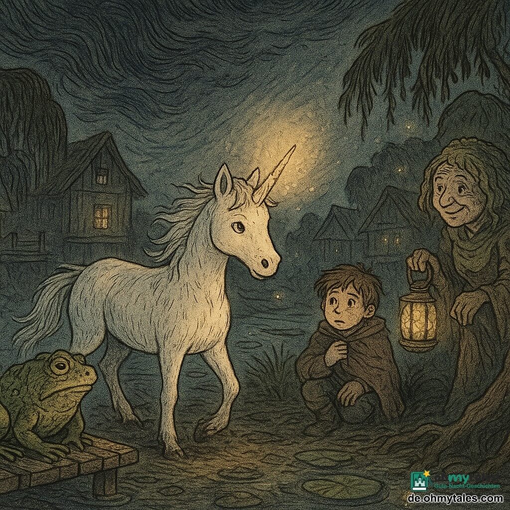 Eine kleine weiße Einhornstute namens Liriel mit sanftem Gesicht und entschlossenem Blick, leicht nasses Fell, Huf im schlammigen Boden, das dünne Horn sendet einen warm-goldenen Schimmer; sie steht ruhig und mutig im Wind. Ein alter massiger Kröterich mit warziger grüner Haut sitzt auf einem verwitterten Stegbrett und blickt weise krächzend zur Einhorn. Ein etwa achtjähriger Junge mit schlammigen Knien und zerzausten Haaren steht hinter einem Stelzenhaus, hält eine Decke und schaut besorgt, aber beruhigt zu Liriel. Eine alte Moorkoboldfrau mit kleinen zusammengekniffenen Augen und Mooshaaren steht bei einer Baumwurzel, lächelt sanft und hält eine Laterne aus Glimmlichtern. Ort: ein Moorweiler bei Dämmerung mit Stelzenhäusern, schwimmenden Seerosen, nassem Holzsteg bedeckt von Nebelperlen, hängenden Weiden und kleinen schwebenden Lichtern. Szene: Liriel steht zwischen einem aufgewühlten dunklen Wind und dem Dorf, ihr Horn wirft einen Lichtstrahl, der Glühwürmchen anzieht und das Chaos beruhigt; die Häuser zittern, die Bewohner beobachten ruhig.